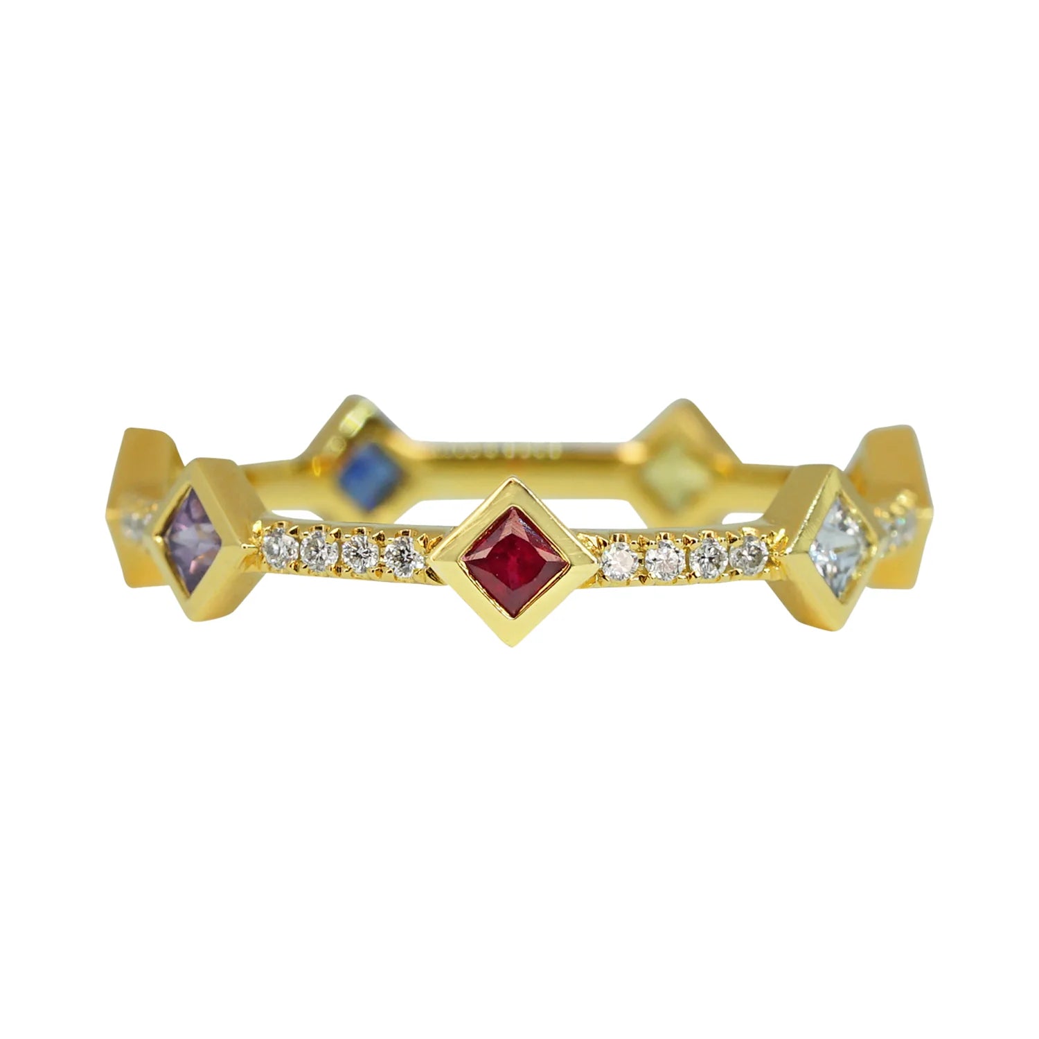 Gold ring with colorful gemstones on a white background