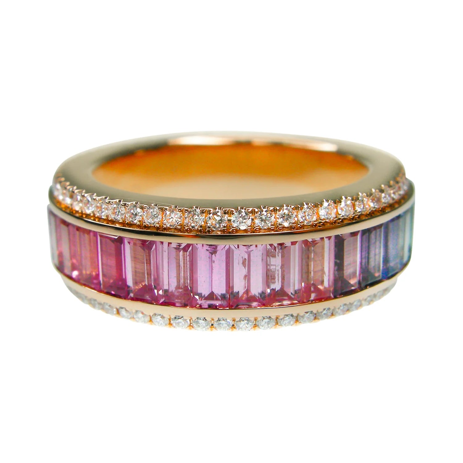 Gold ring with pink gemstones and diamond accents on a white background
