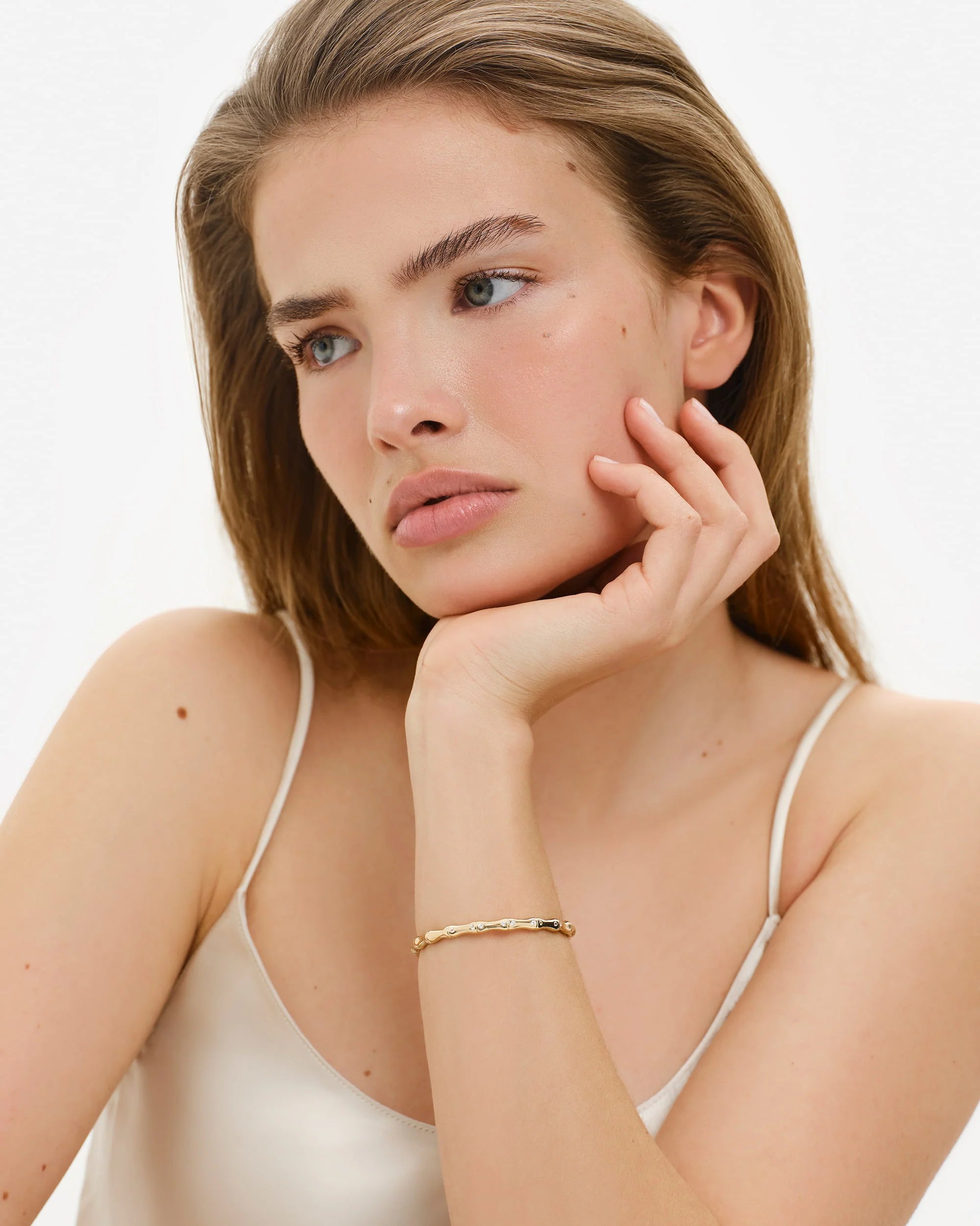 Bamboo Sculptural Cuff Bracelet with Genuine White Topaz in 18K Gold Vermeil by Handiora