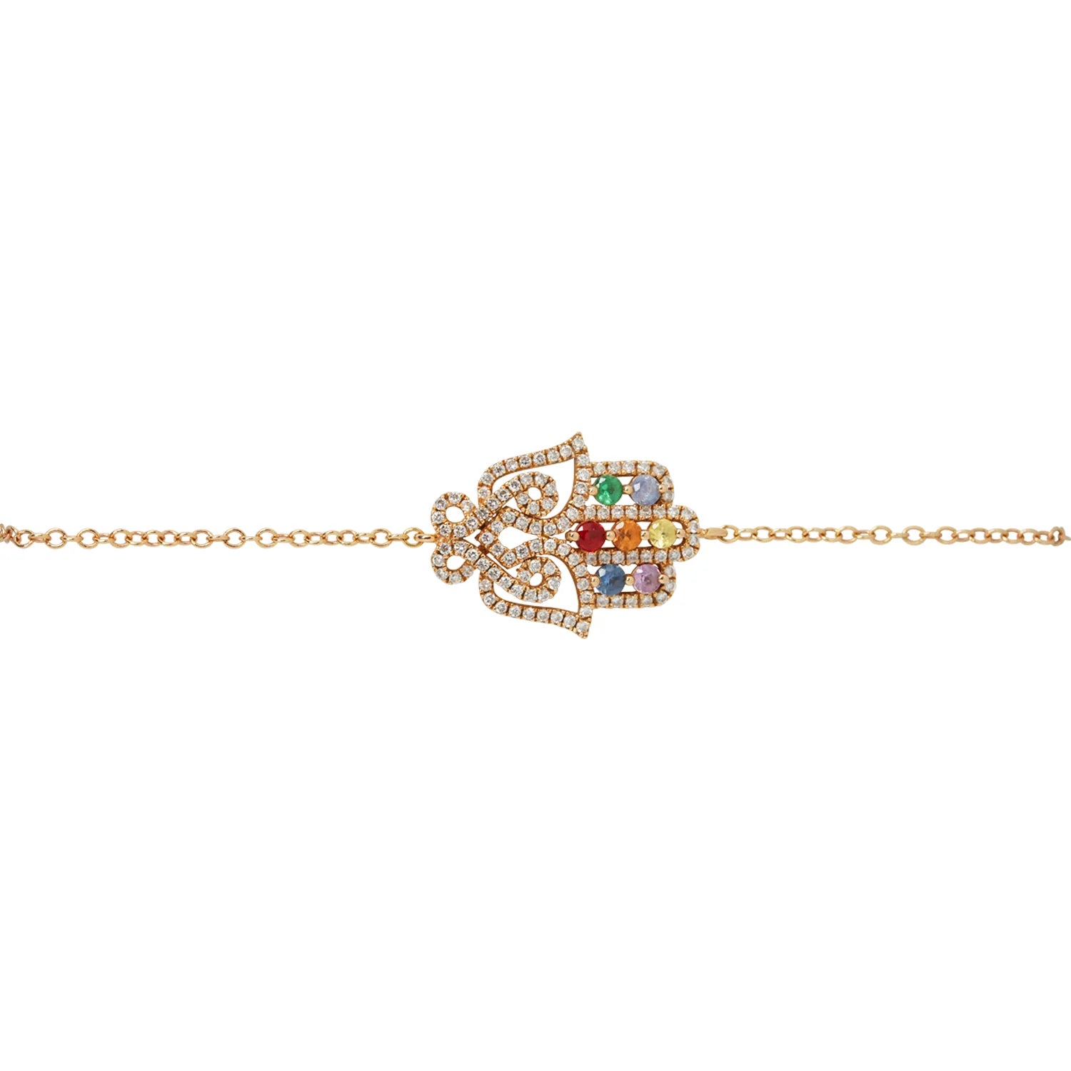 Gold bracelet with a colorful gemstone clasp on a white background