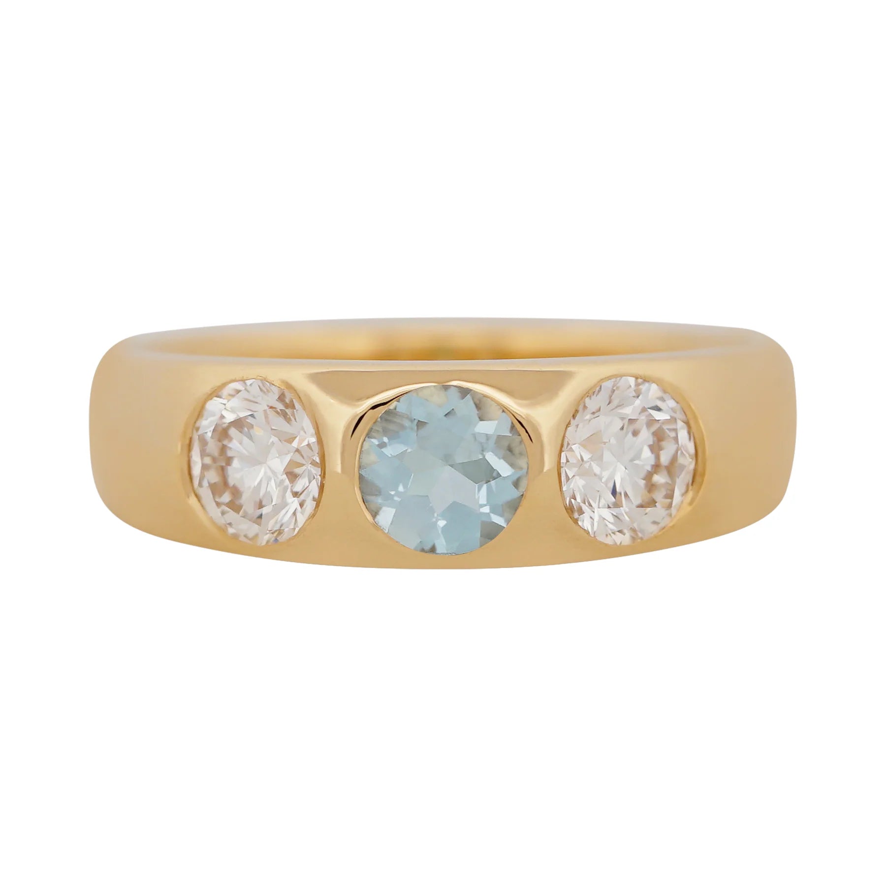 Gemstone Trilogy Ring with three stones: a round aquamarine and two brilliant diamonds