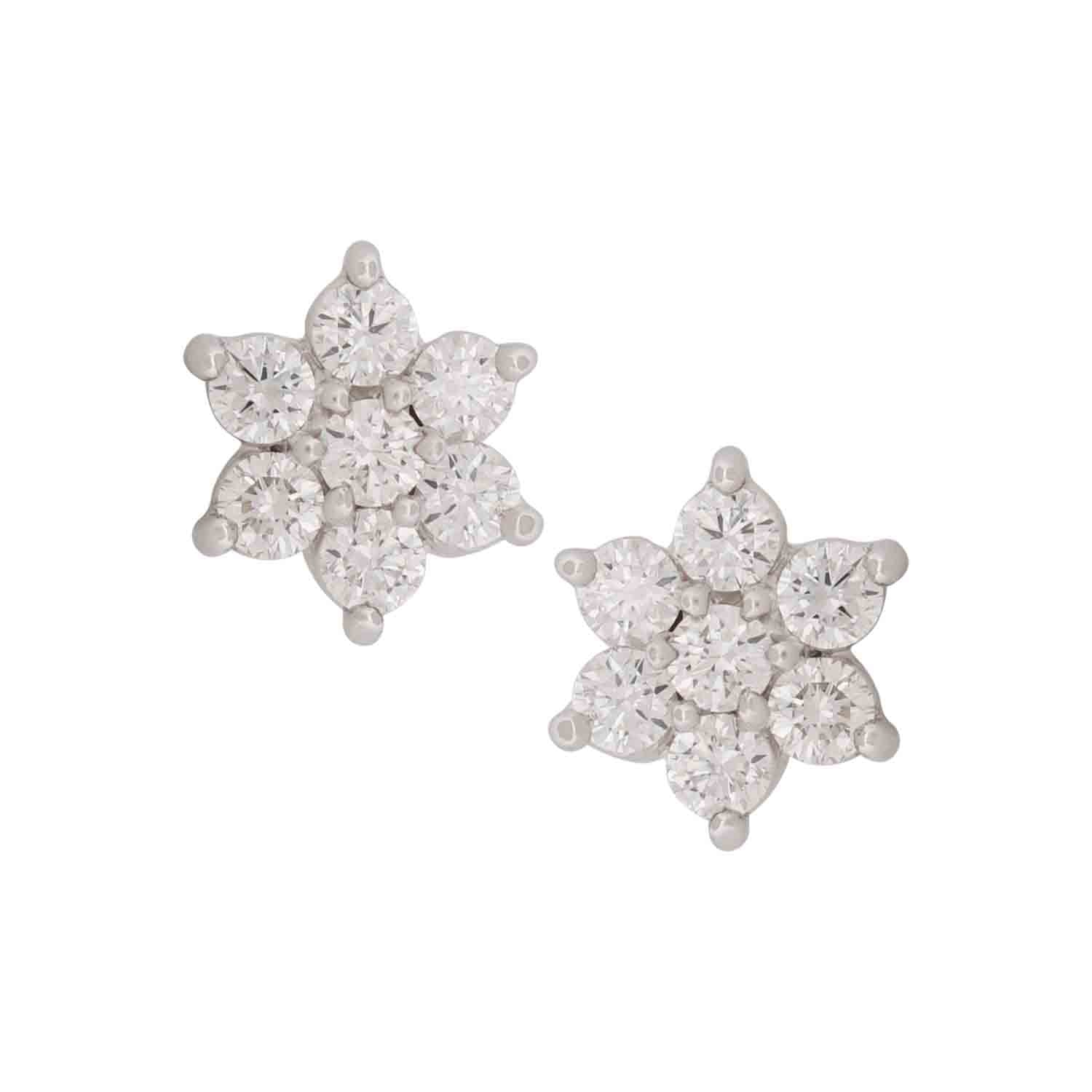 Pair of diamond flower earrings on a white background