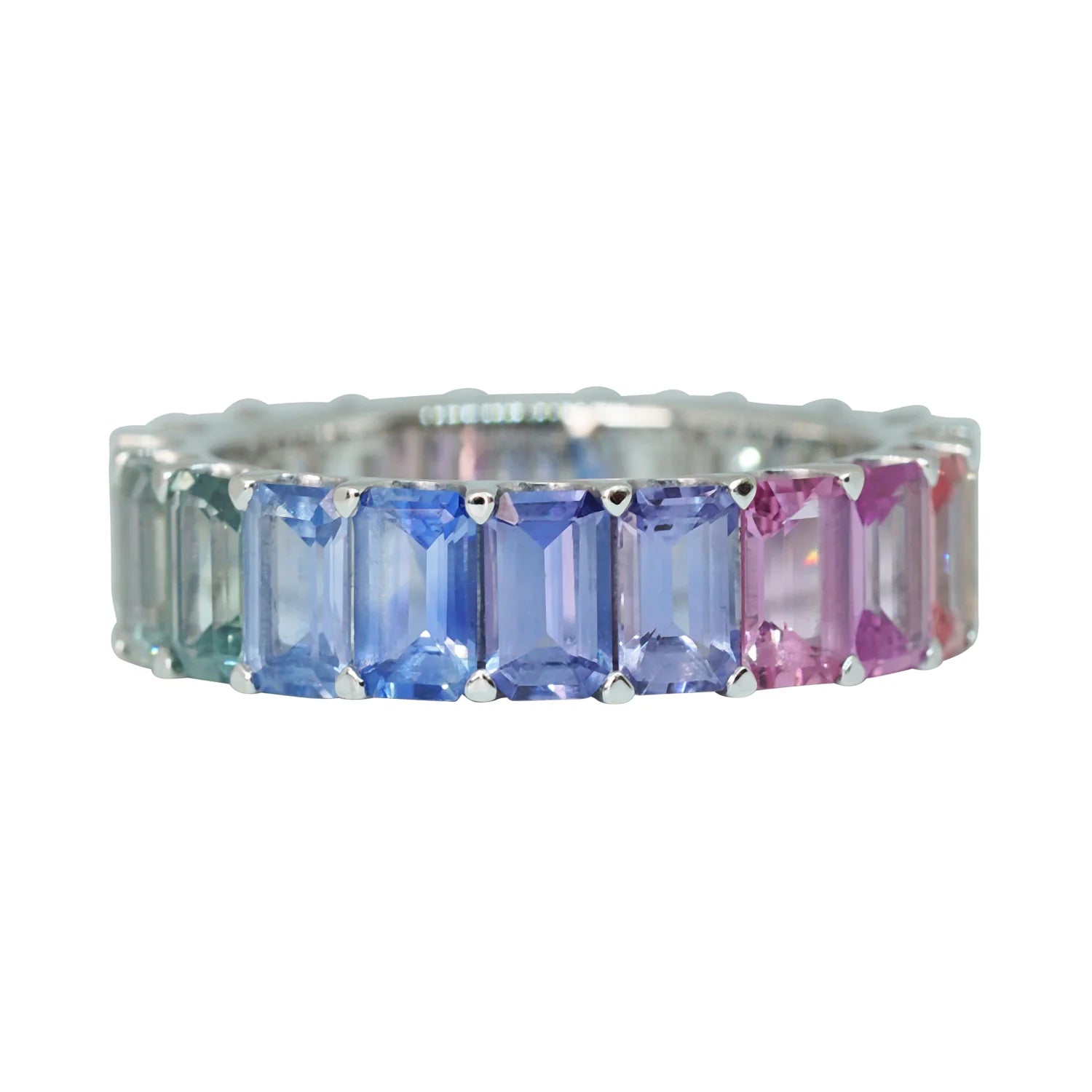 Signature Yin Yang Emerald Cut Eternity Ring with Rainbow Sapphires and Diamonds