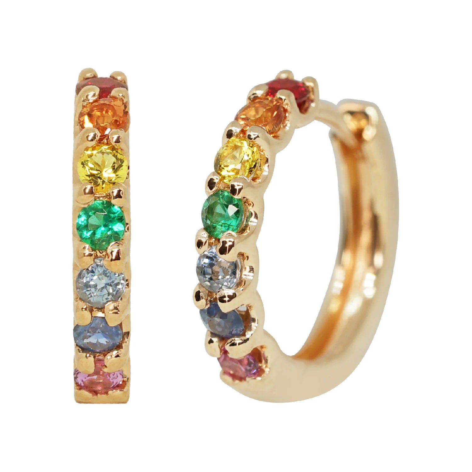 Gold hoop earrings with multicolored gemstones on a white background