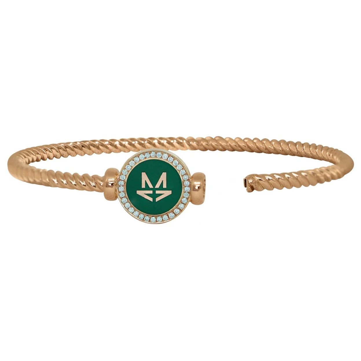 Gold bracelet with a green circular charm featuring a logo on a white background