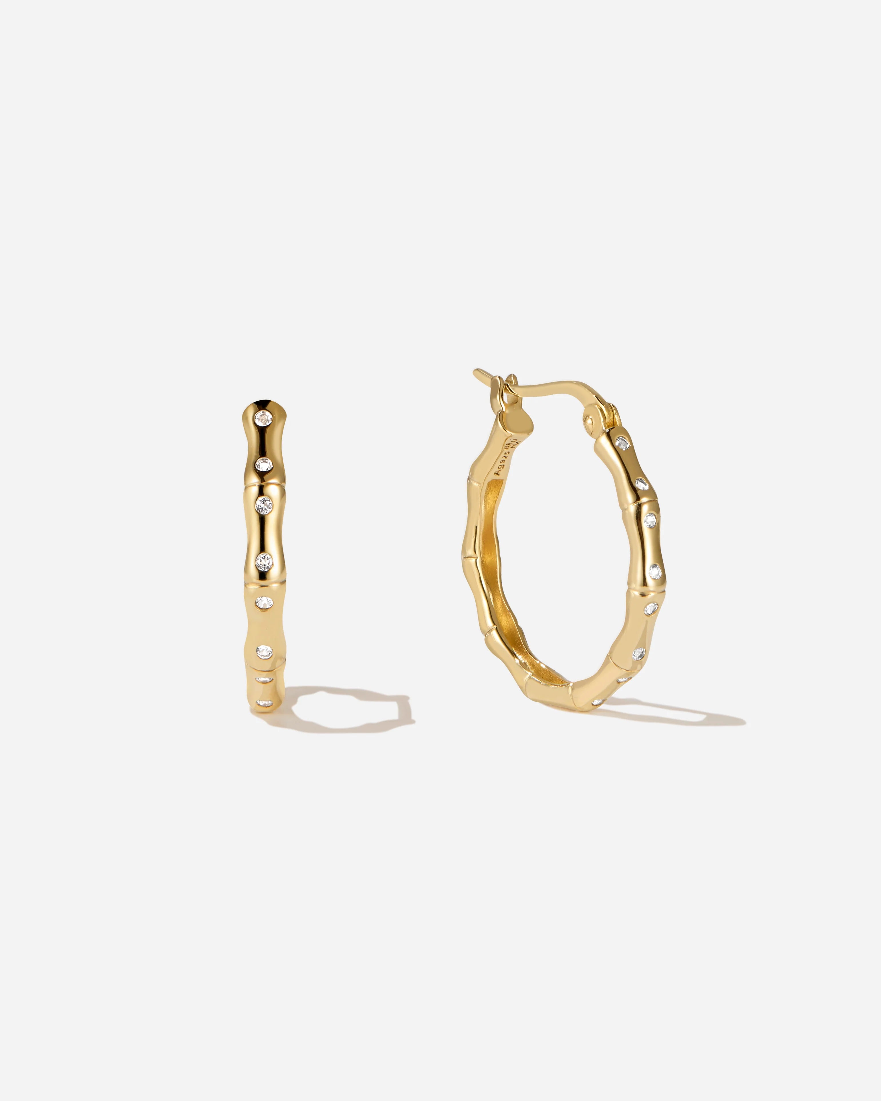 Bamboo Texture Hoop Earrings in 18K Gold Vermeil with White Topaz by Handiora