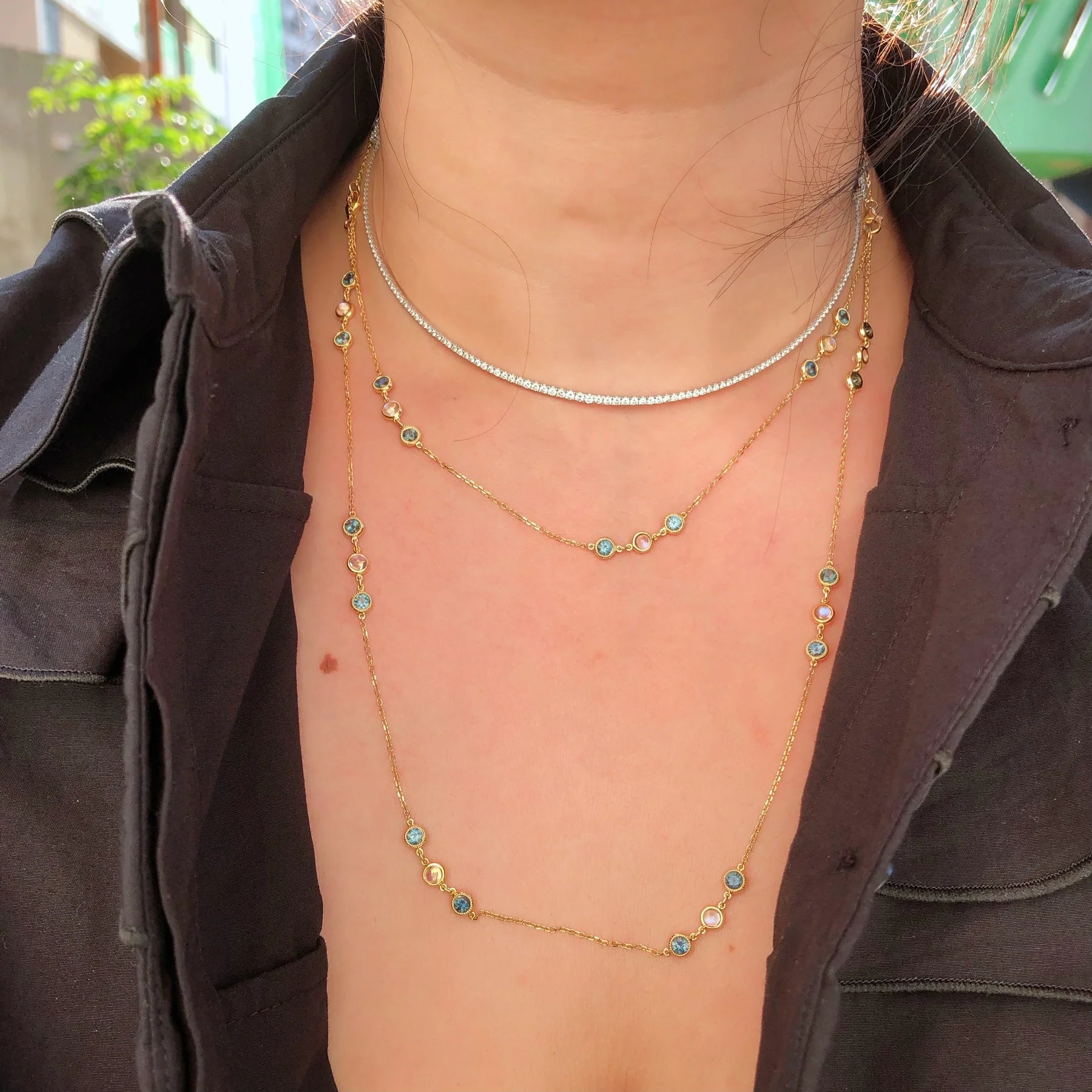 18K Yellow Gold Signature Sapphire & Moonstone Gemstones by the Yard Necklace