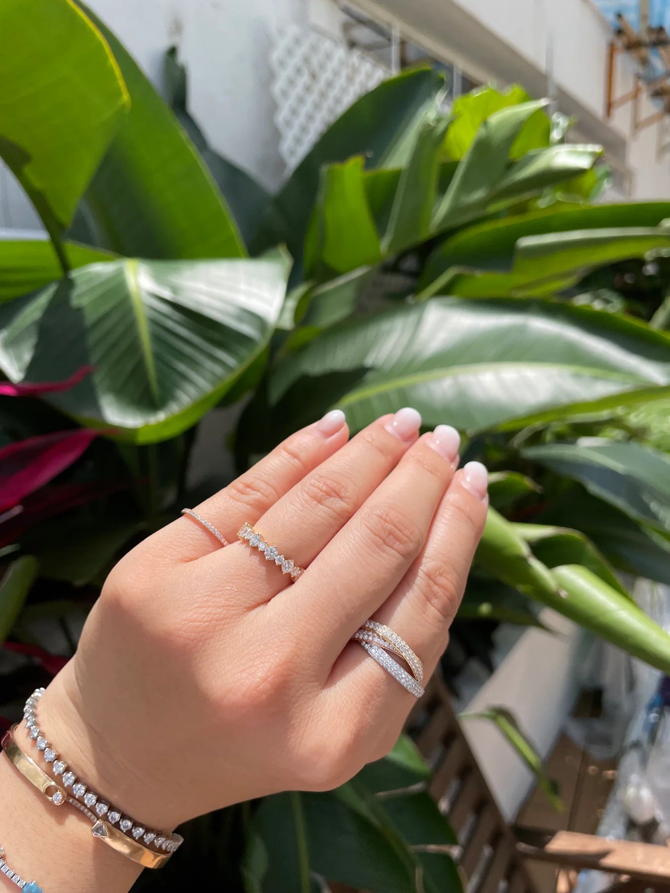 Hand wearing multiple diamond rings with a blurred green plant background