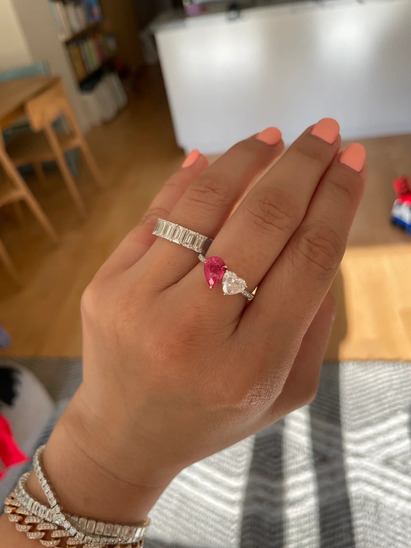 Neon Pink Spinel & Fancy White Diamond Two Stone Ring