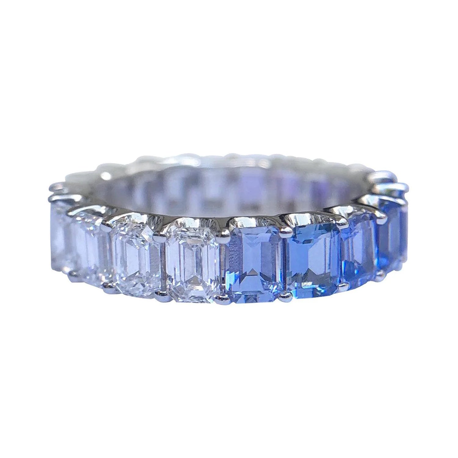 Signature Yin Yang Emerald Cut Eternity Ring with Rainbow Sapphires and Diamonds