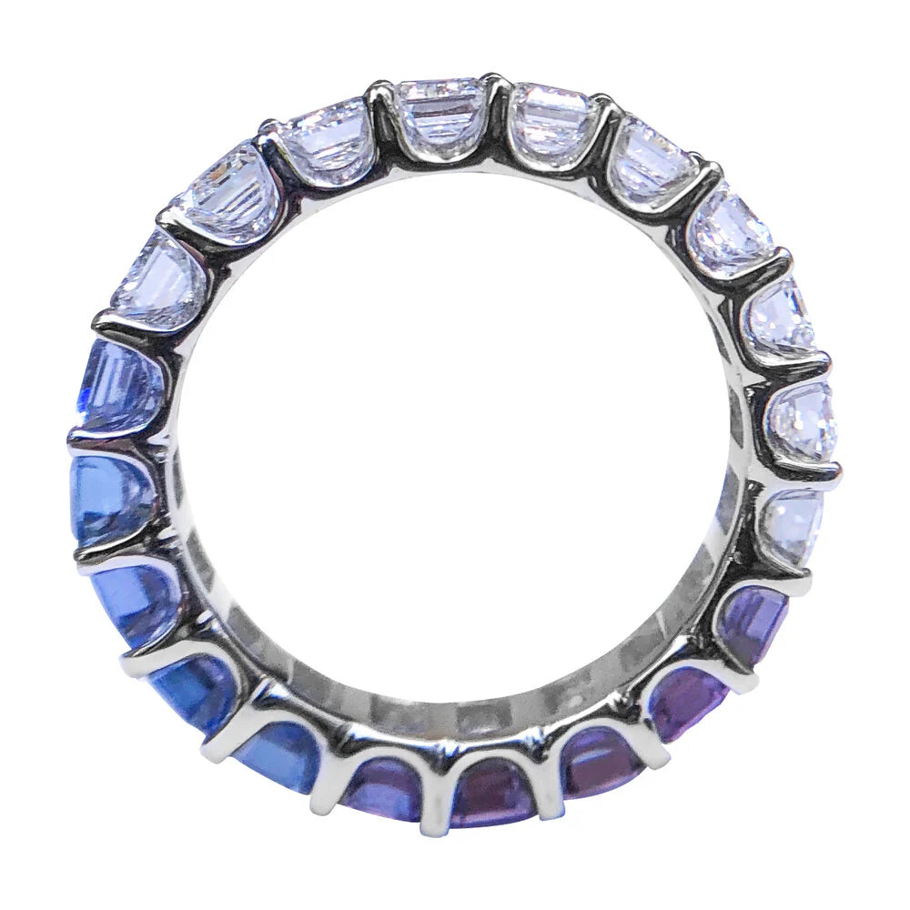 Side view of Yin Yang eternity band showing diamonds and rainbow sapphires