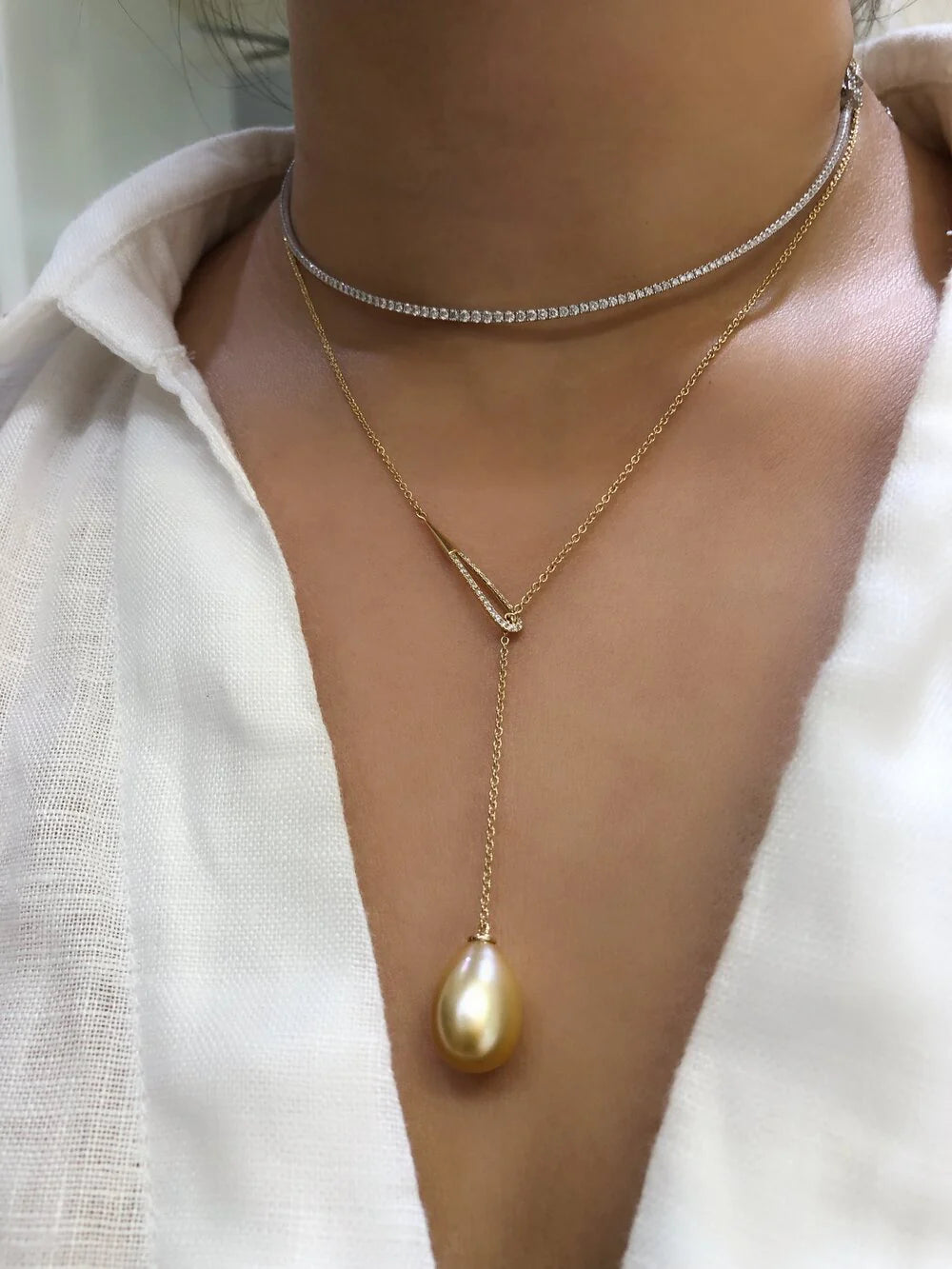 Golden Pearl & Diamond Lariat