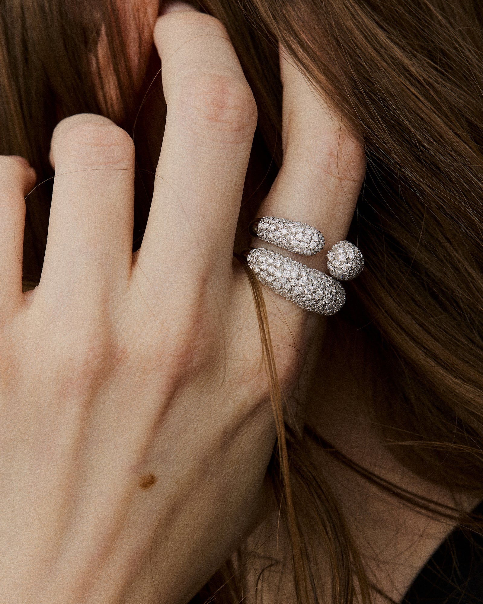 Infinite Grace Open Sculptural Ring with Pavé Diamonds in 18K White Gold by Handiora