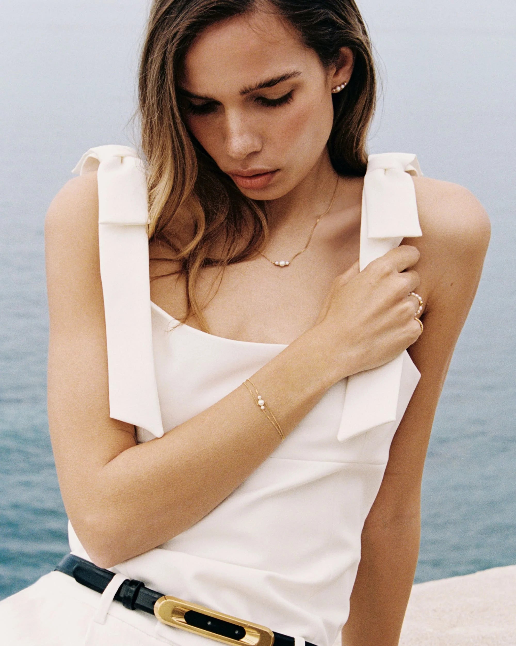 Trilogie Asymmetric Freshwater Pearl Double Chain Bracelet in 18K Gold Vermeil by Handiora