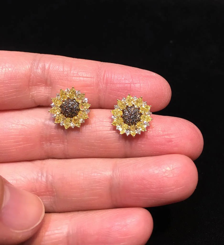 Vivid Yellow & Brown Diamond Sunflower Earrings