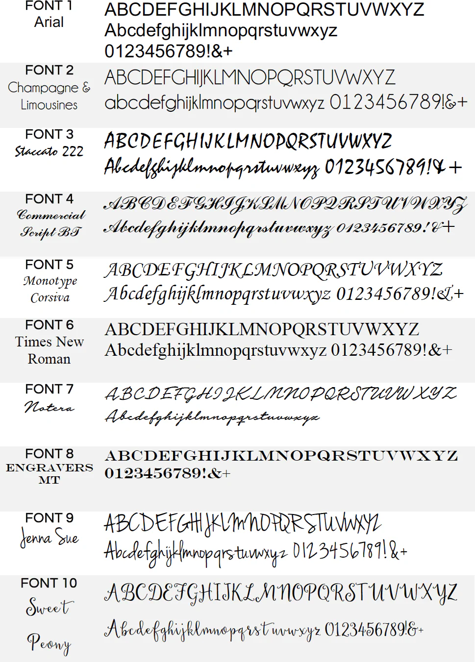 Comparison of various font styles on a white background