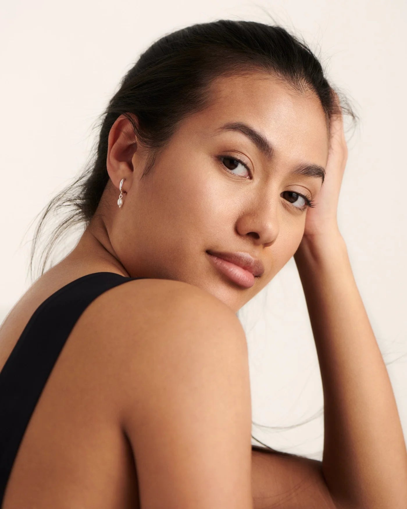 Chamonix Mini Hoop Earrings with Freshwater Pearl in 925 Sterling Silver by Handiora