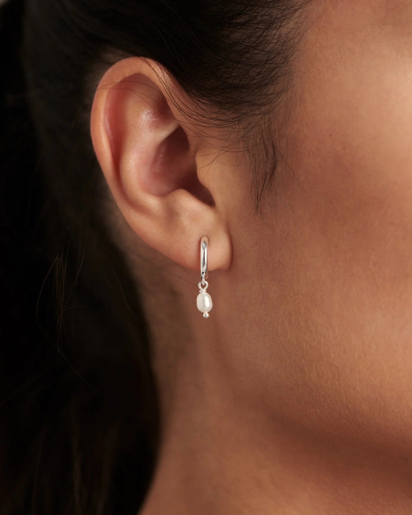 Chamonix Mini Hoop Earrings with Freshwater Pearl in 925 Sterling Silver by Handiora