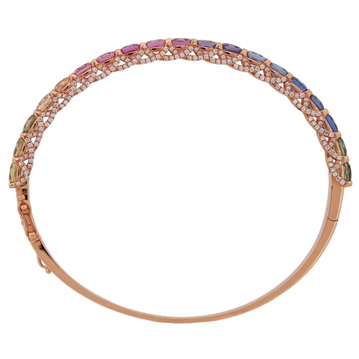 Rose gold bracelet with multicolored gemstones on a white background