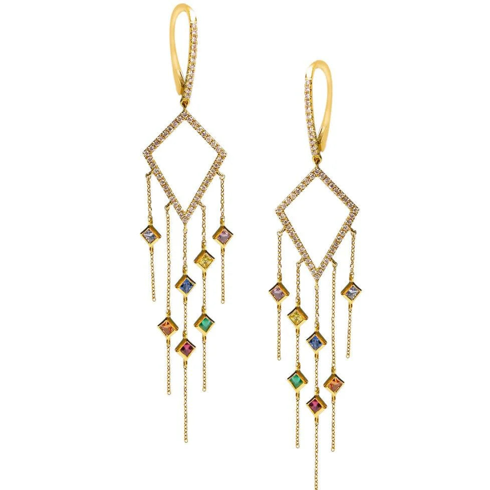 Gold earrings with colorful gemstones on a white background