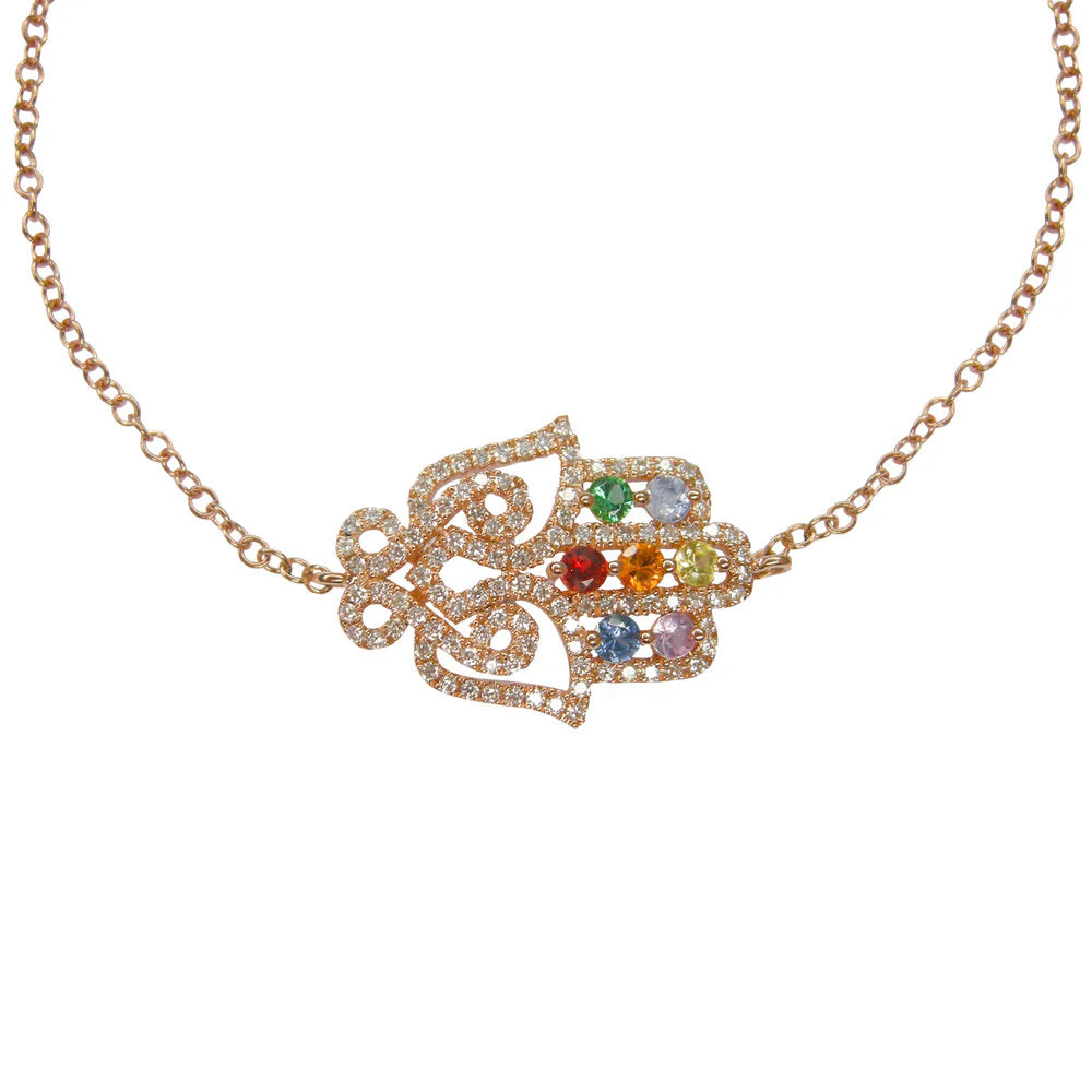 Necklace with a floral pendant featuring colorful gemstones on a white background