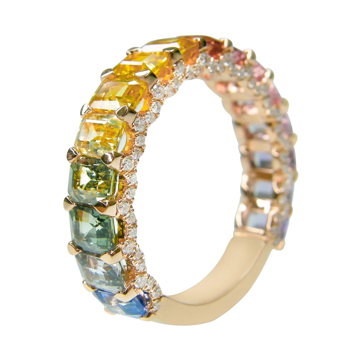 Gold ring with multicolored gemstones on a white background