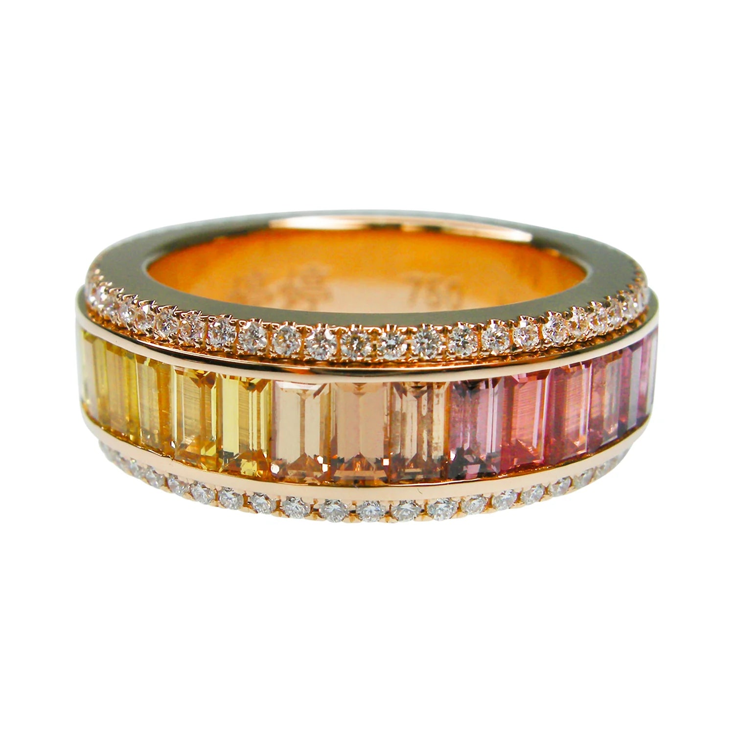 Gold ring with colorful gemstones and diamonds on a white background