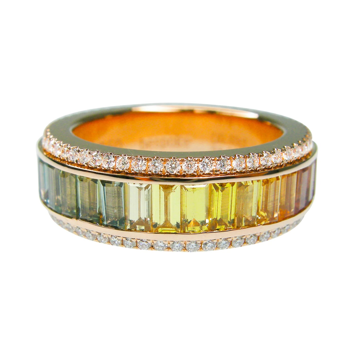 Gold ring with colorful gemstones and diamond-studded band on a white background