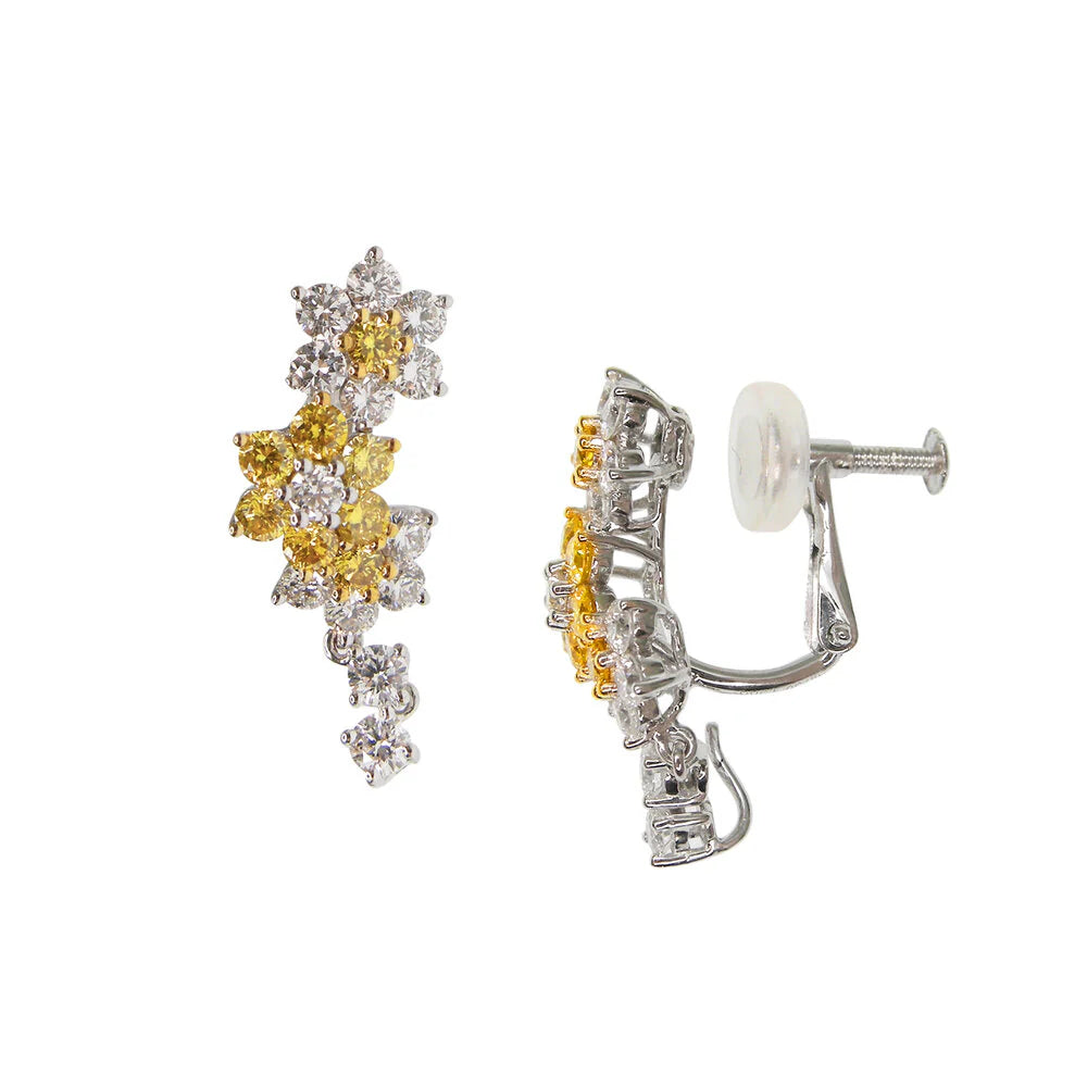 Vivid Yellow & White Diamond Sunflower Cluster Earrings