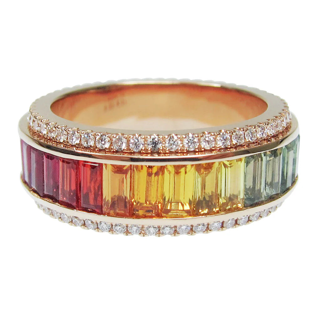 Multicolored gemstone ring with diamond accents on a white background