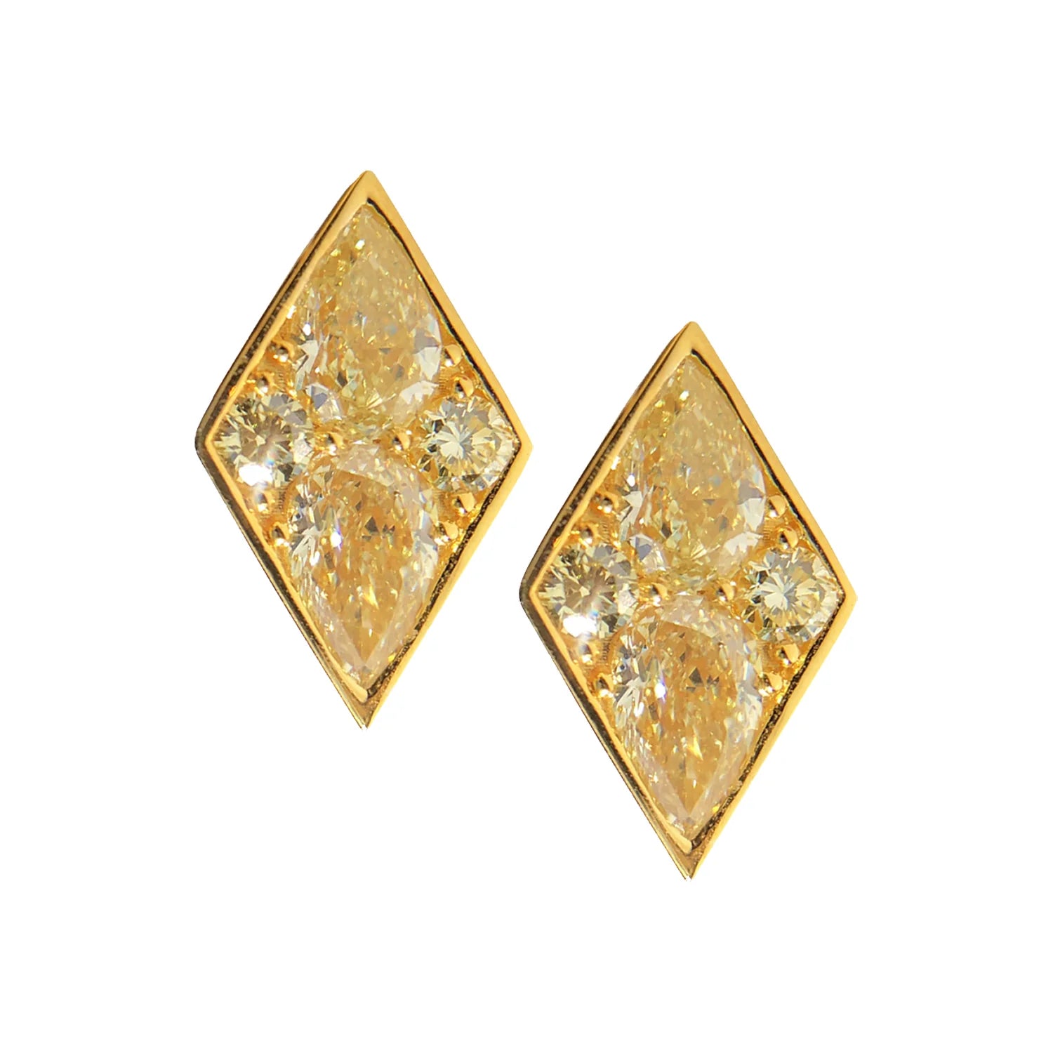Pair of gold diamond-shaped earrings on a white background