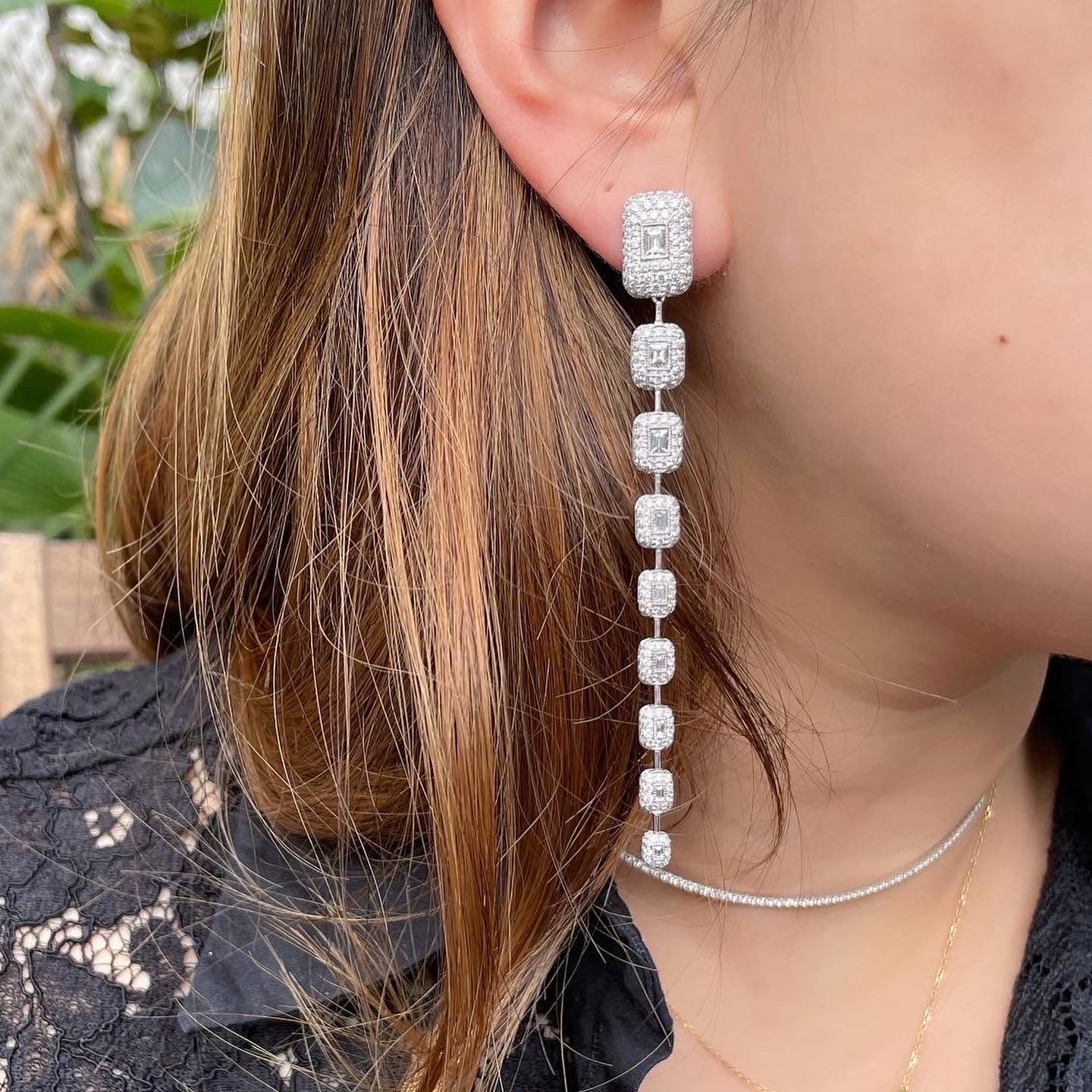 Baguette Diamond Pave Statement Drop Earrings