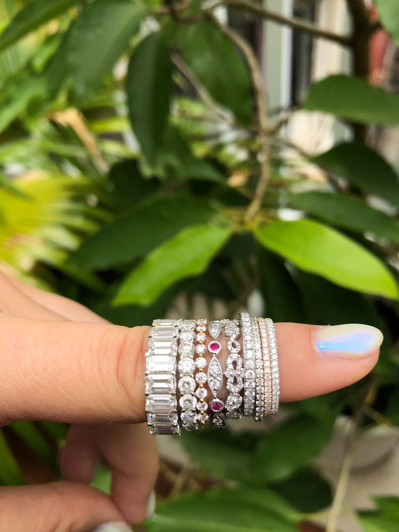 Hand wearing multiple silver rings with gemstones against a green leafy background