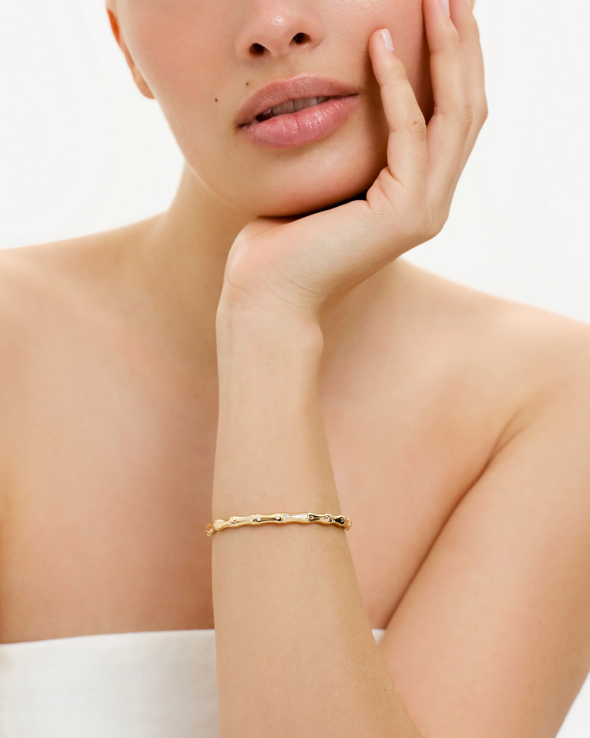 Bamboo Sculptural Cuff Bracelet with Genuine White Topaz in 18K Gold Vermeil by Handiora