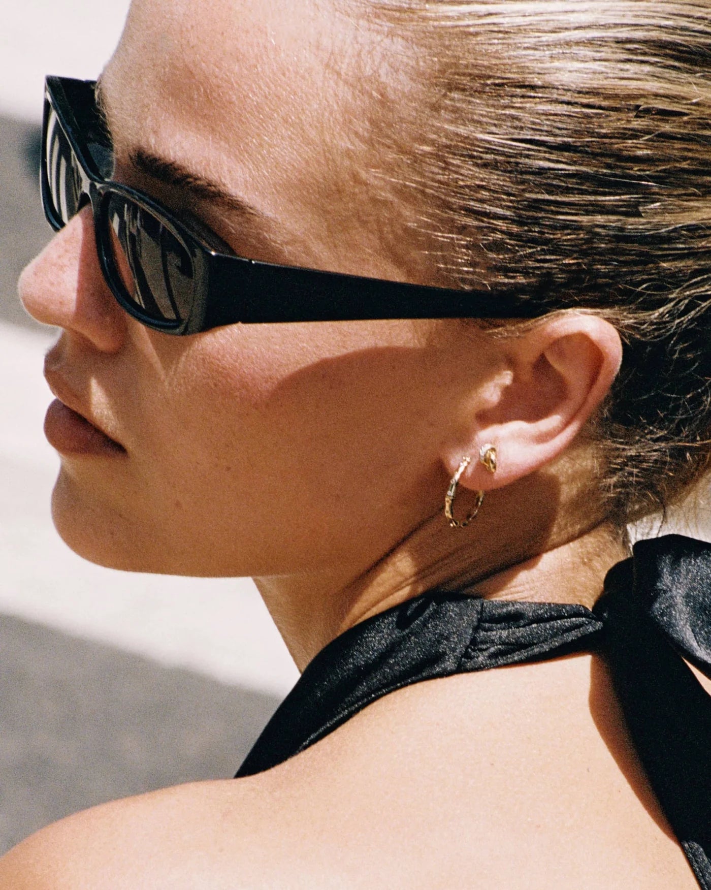 Bamboo Texture Hoop Earrings in 18K Gold Vermeil with White Topaz by Handiora