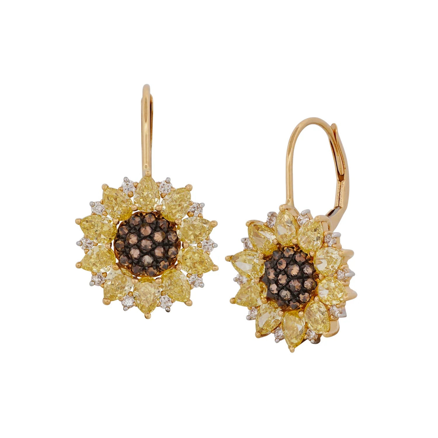 Vivid Yellow & Brown Diamond Sunflower Earrings