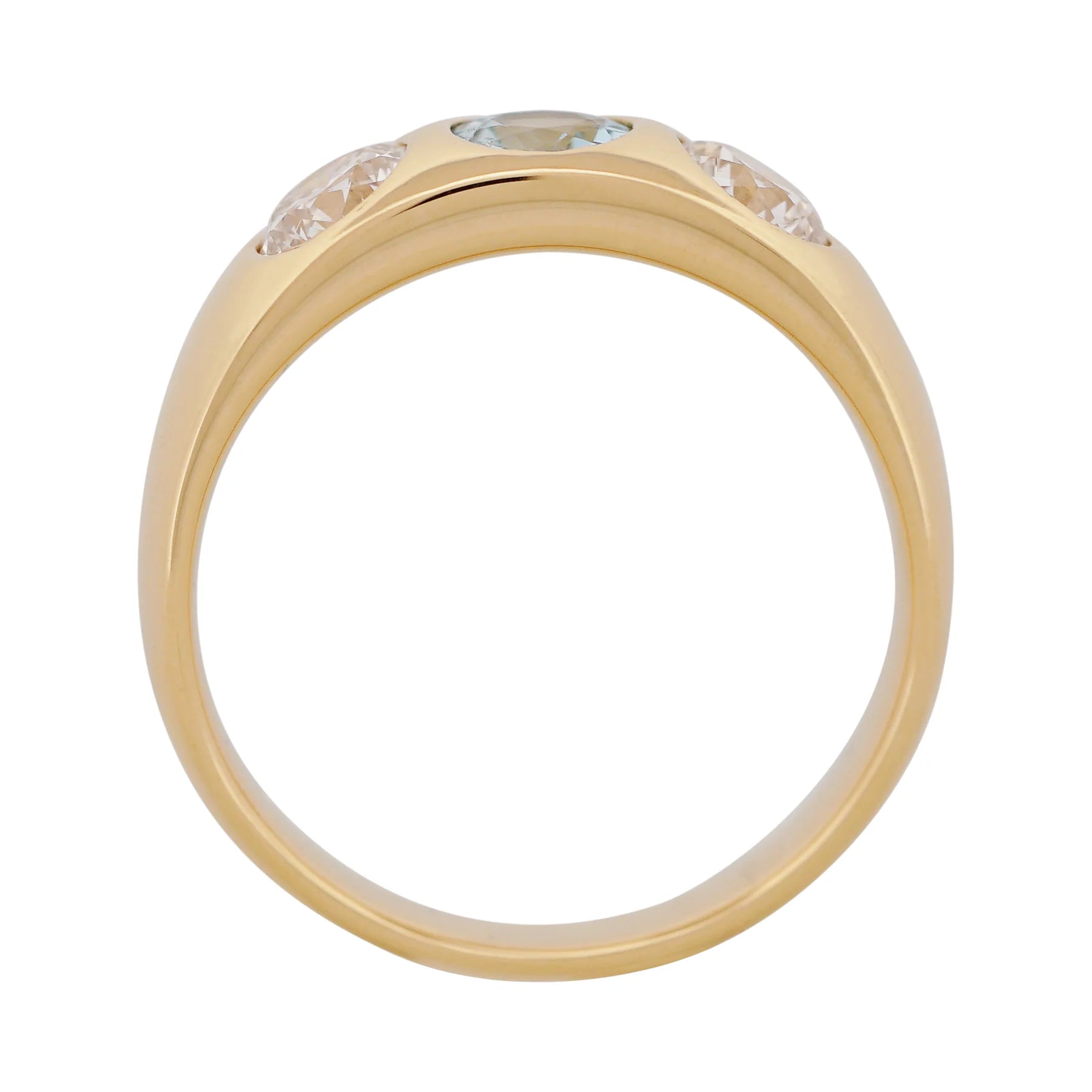 Side view of a Diamond Trilogy Ring showing the setting and band