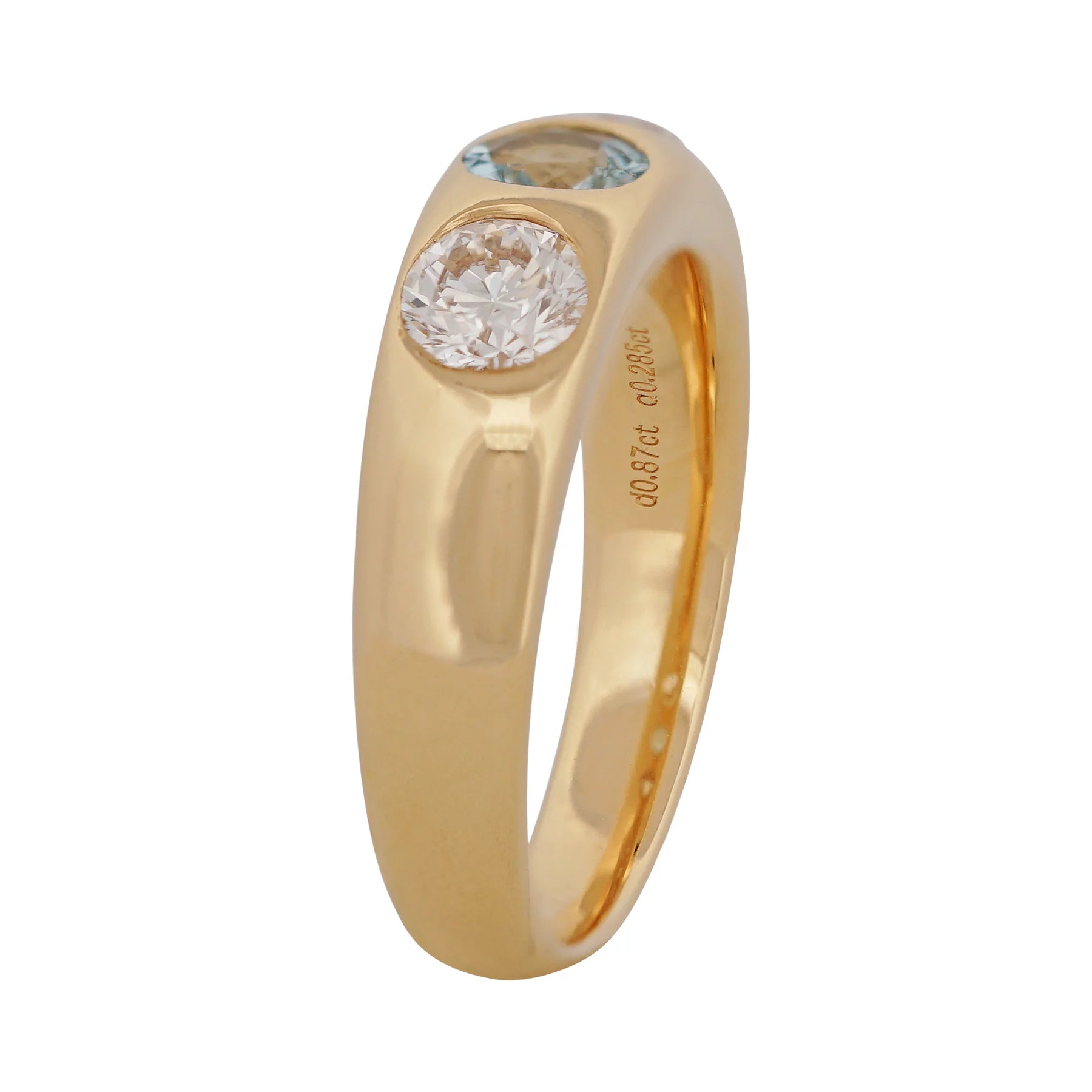 Unisex three-stone gemstone and diamond band stacked with other rings