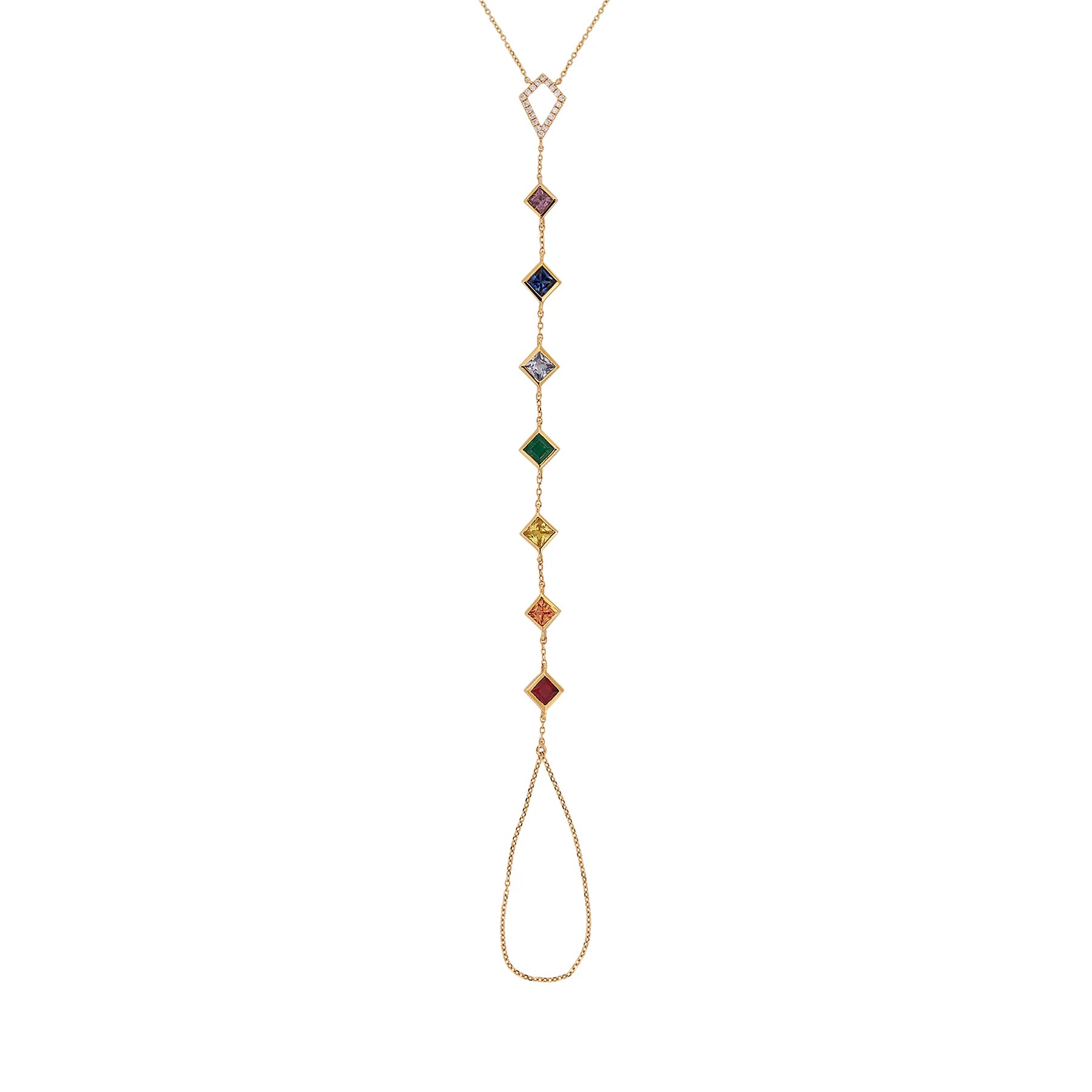 Delicate necklace with colorful gemstones on a white background