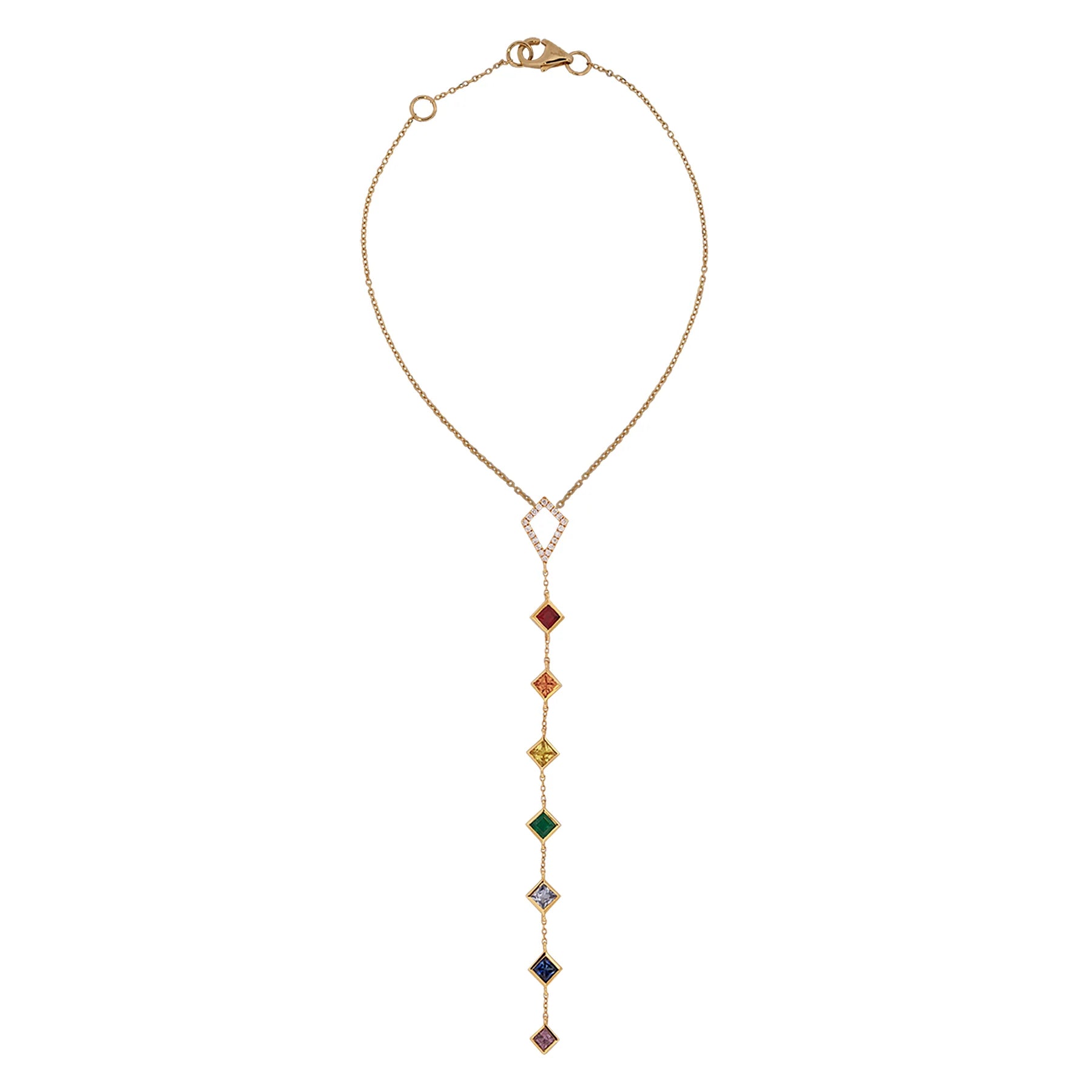 Gold necklace with colorful gemstones on a white background