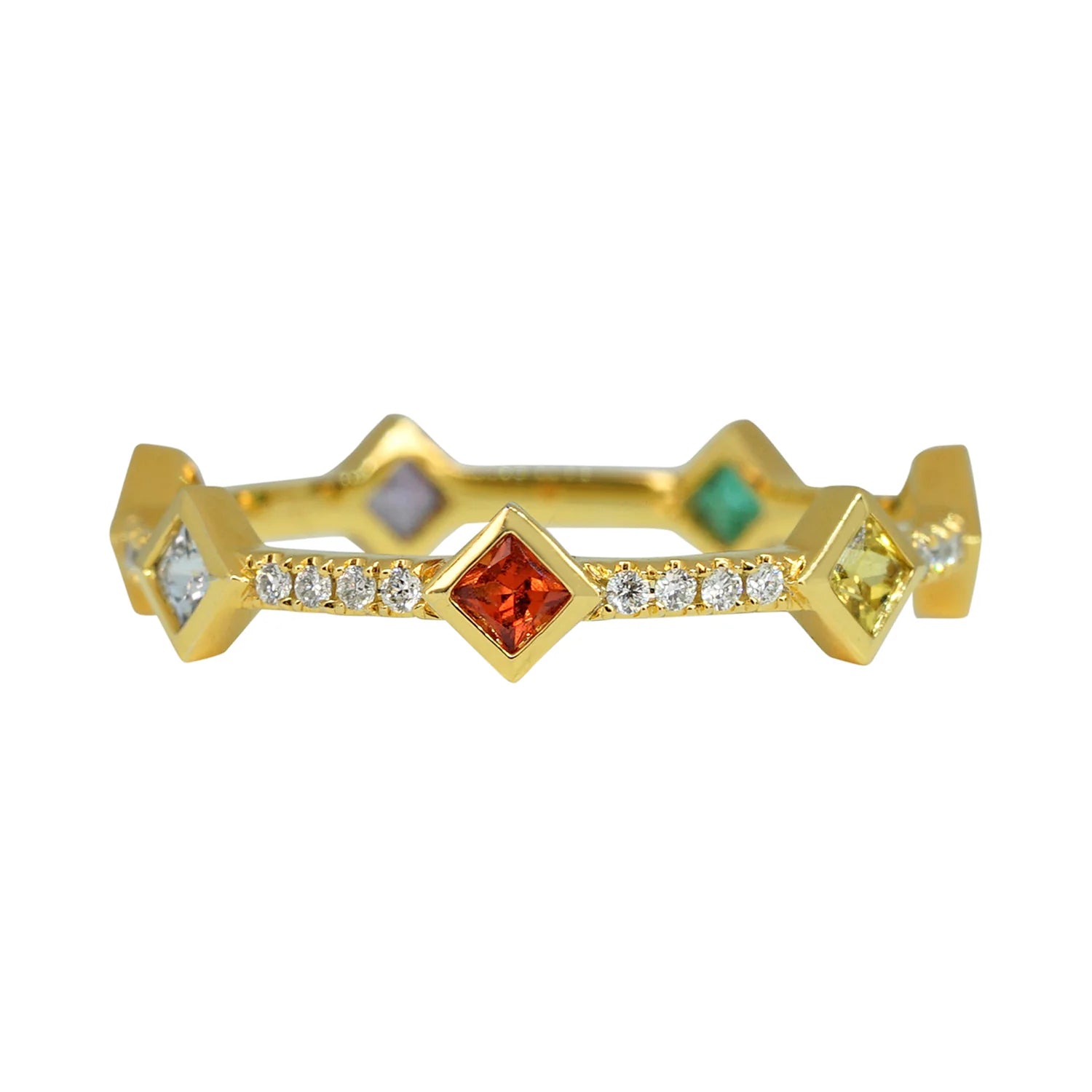 Gold ring with colorful gemstones on a white background