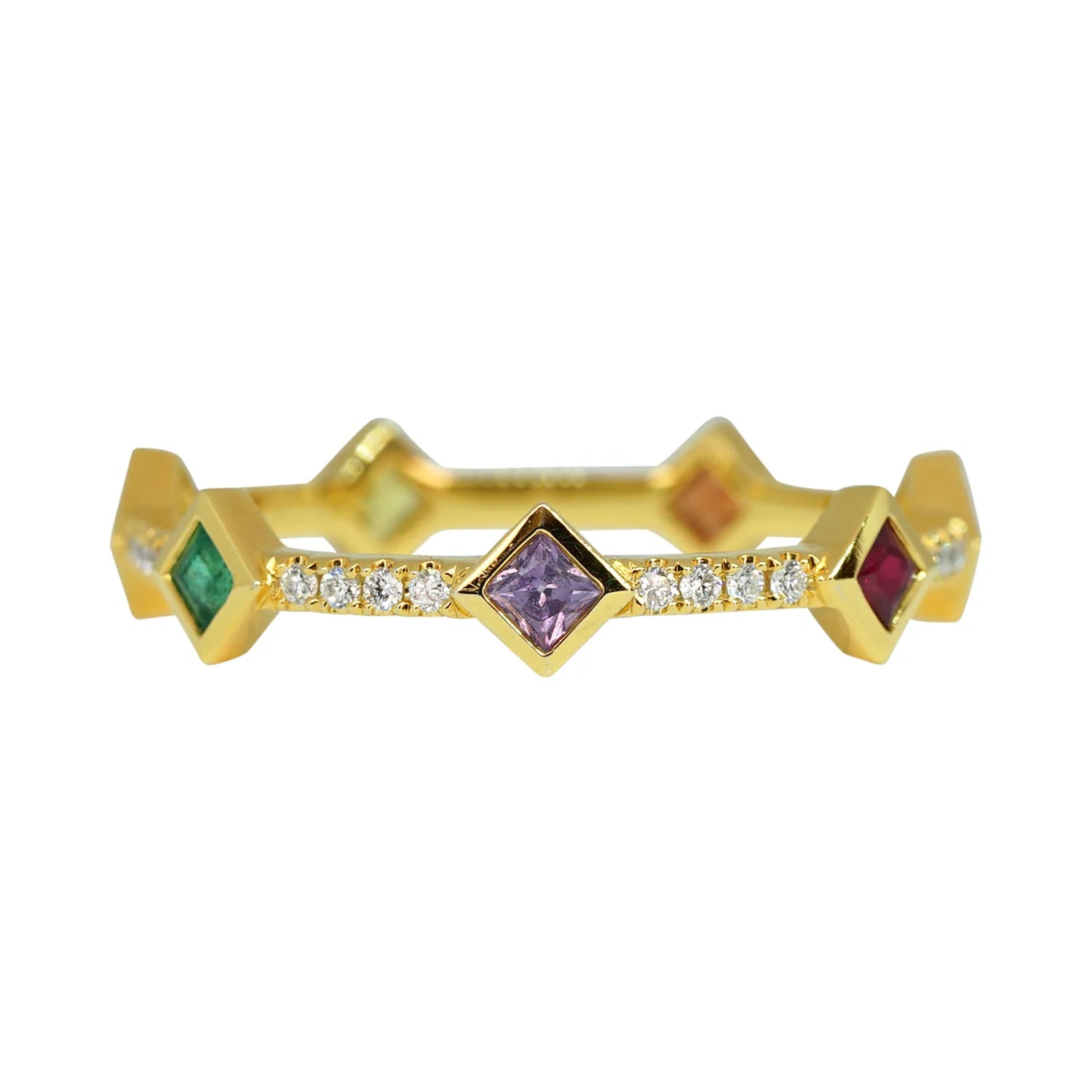 Gold ring with colorful gemstones on a white background