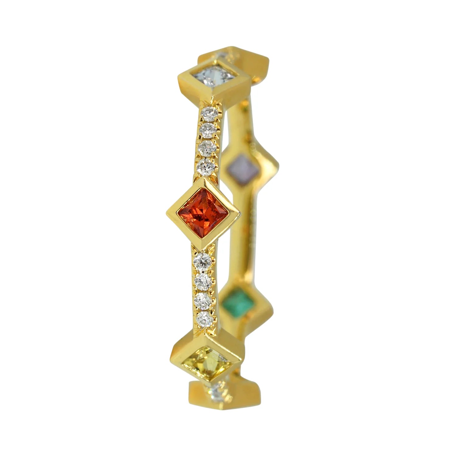 Gold earring with colored gemstones and diamonds on a white background