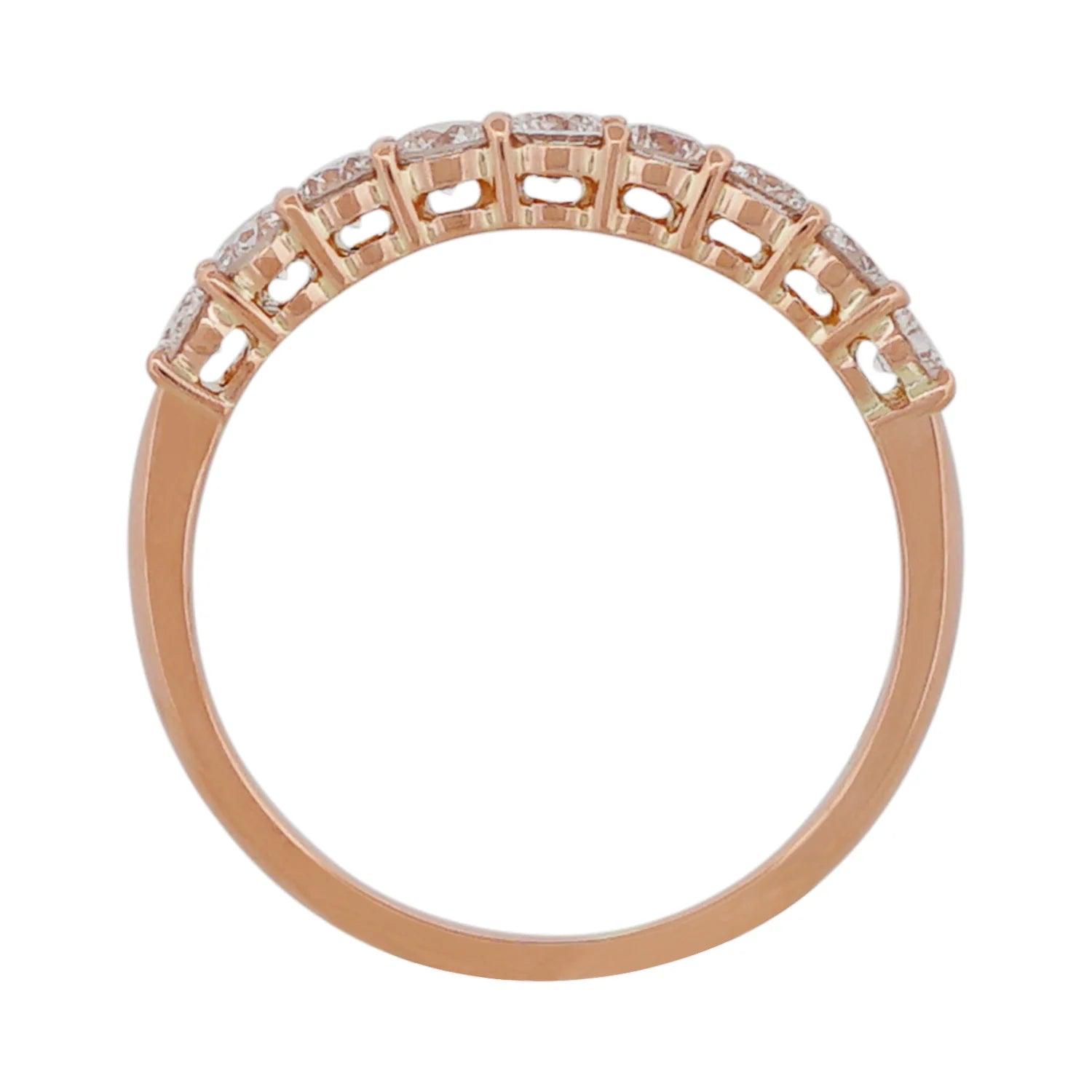 Rose gold ring with diamond accents on a white background