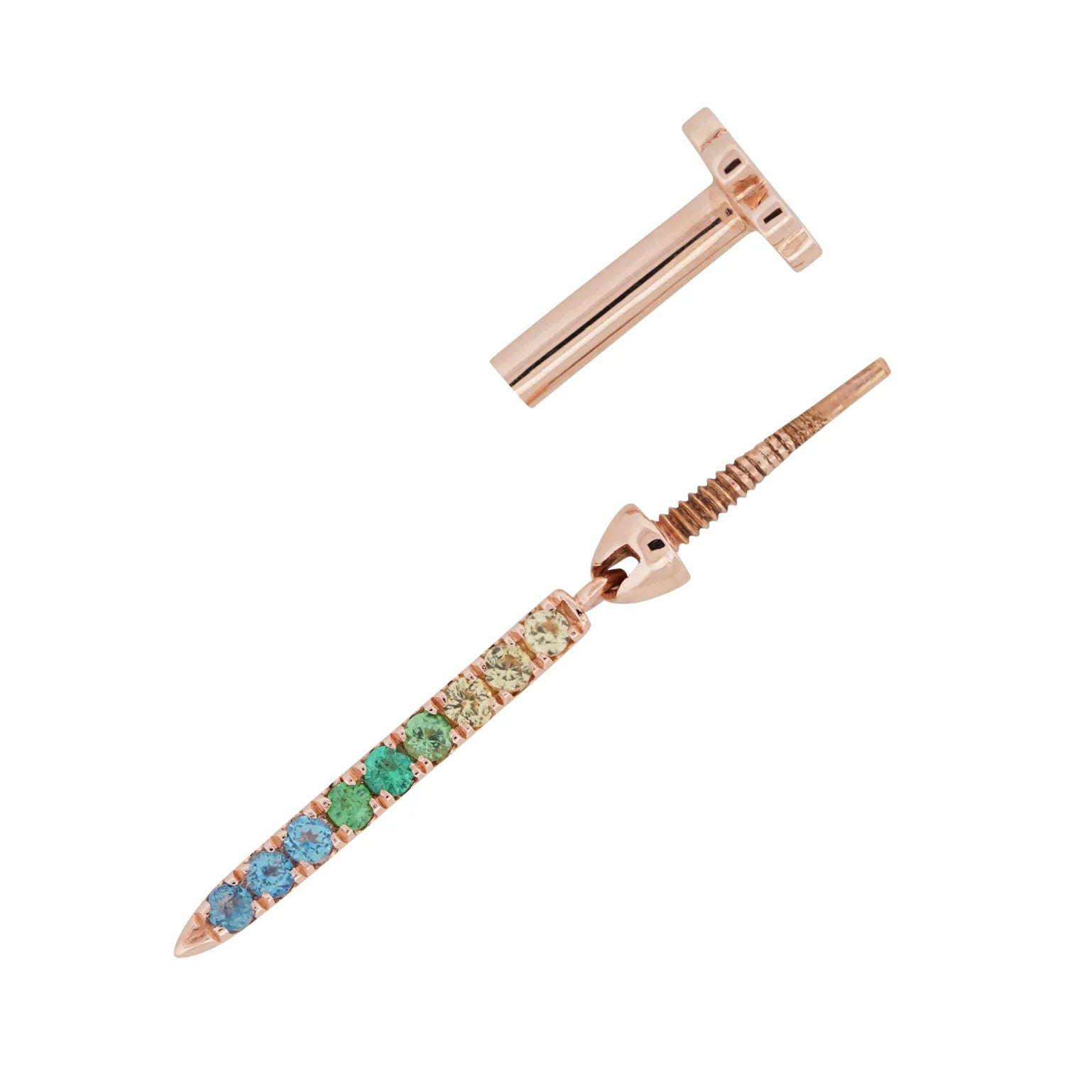Rose gold earring with colorful gemstones on a white background
