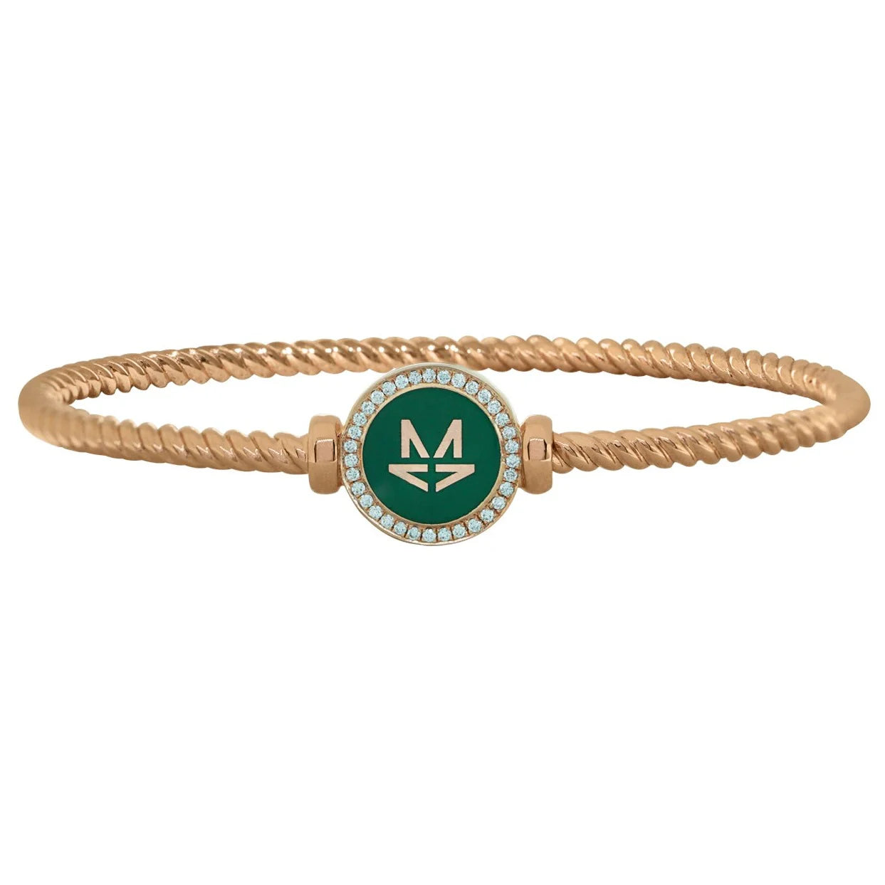 Gold bracelet with a green circular charm featuring a logo on a white background
