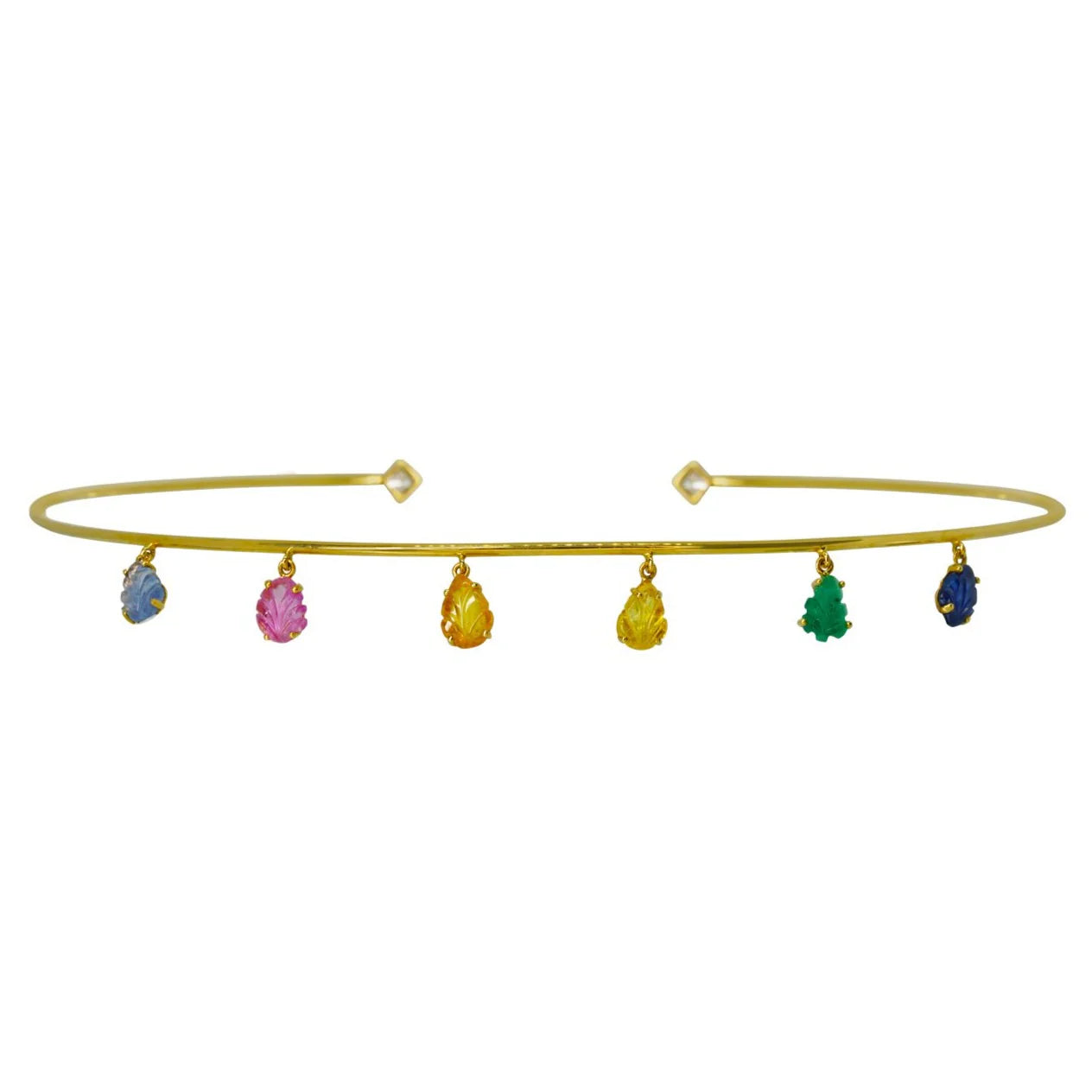 Gold bracelet with colorful gemstones on a white background