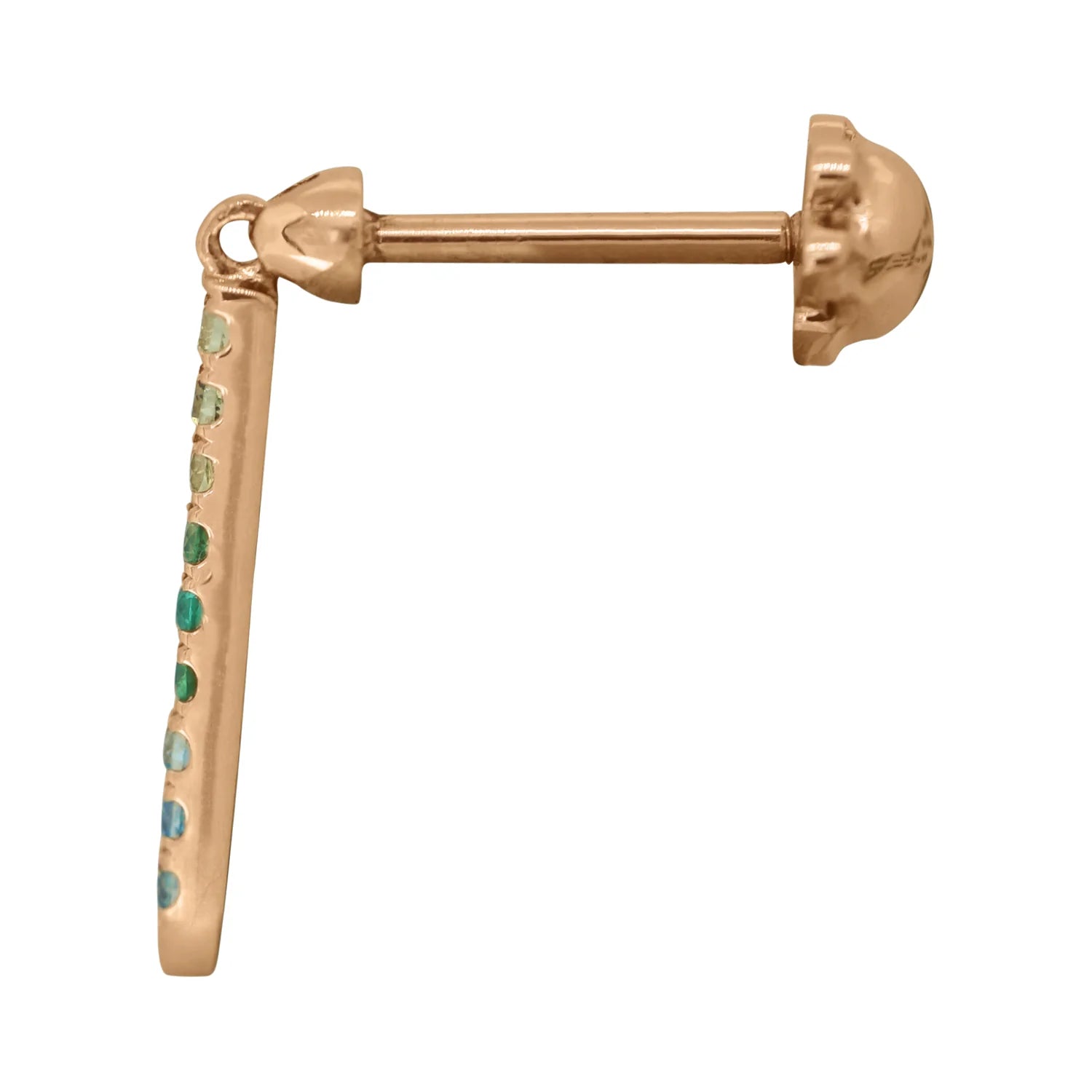 Rose gold earring with green gemstones on a white background