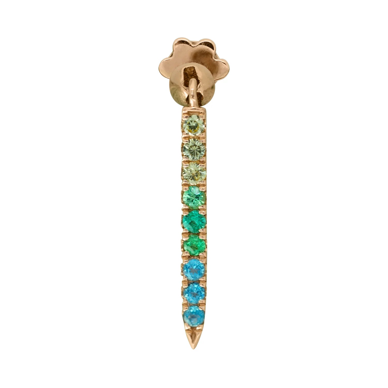 Gold earring with green and blue gemstones on a white background