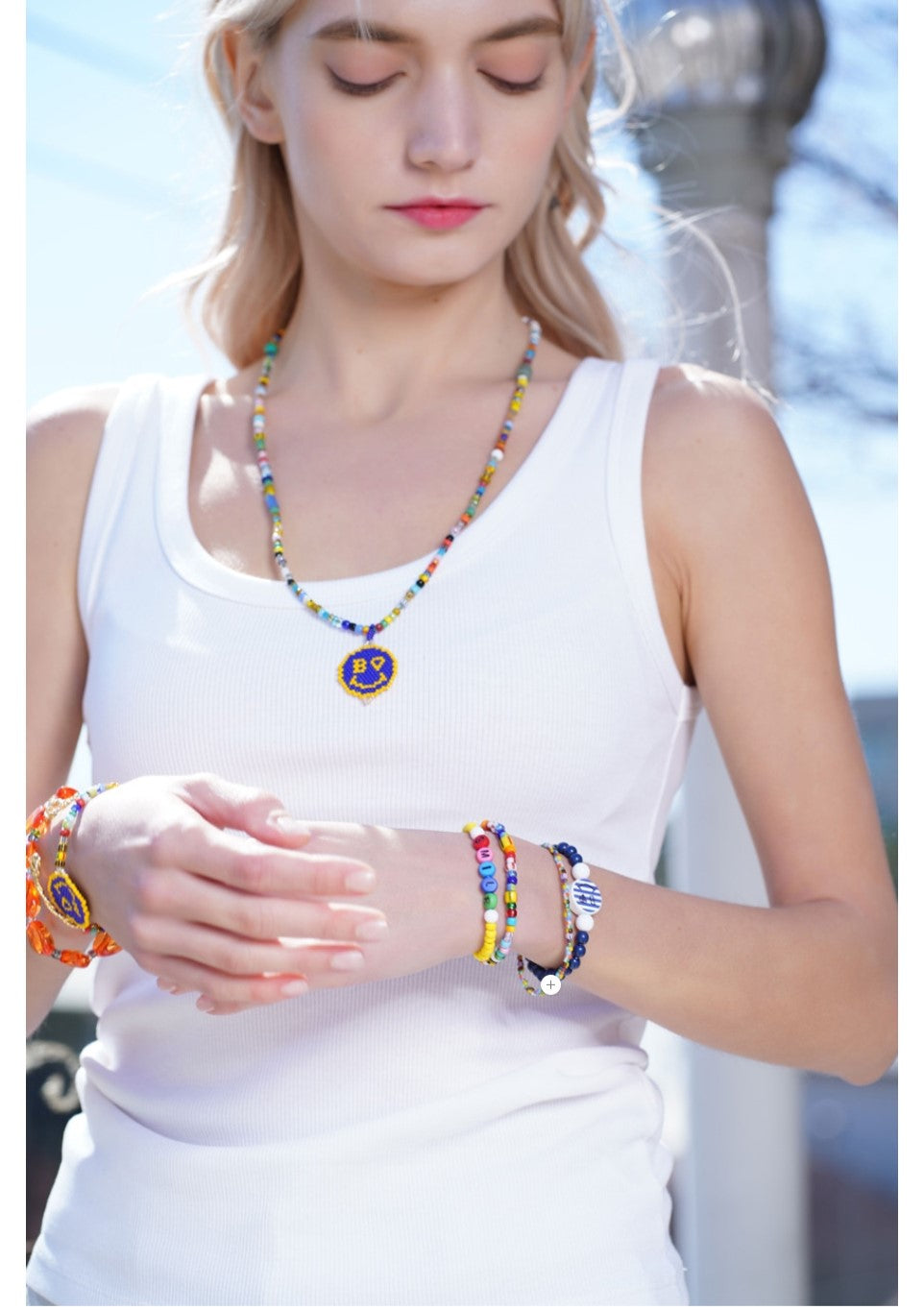 Flat lay of colorful Bonbo bead bracelets collection
